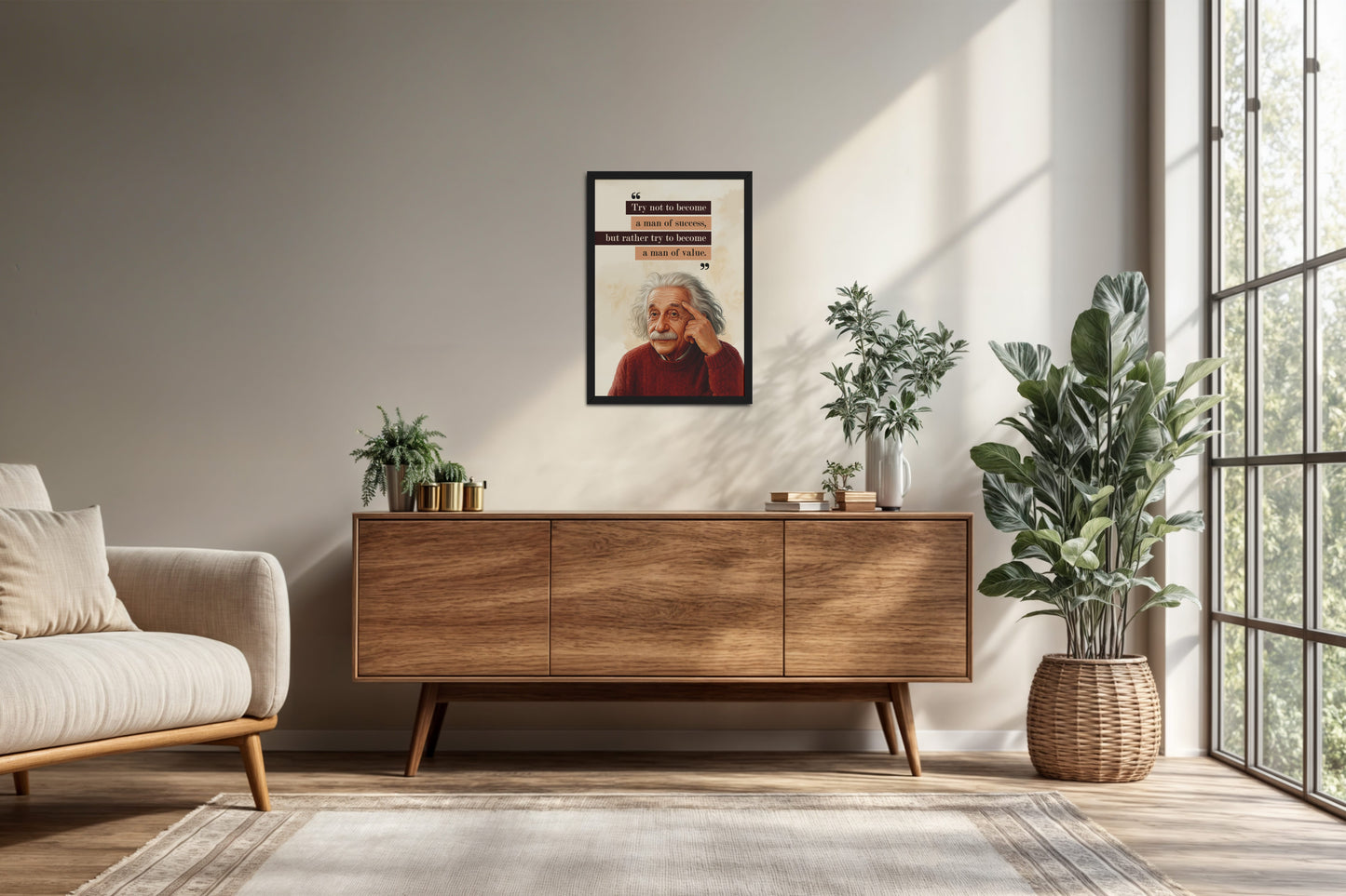 Living Room Cabinet Preview of Be a Man of Value – Albert Einstein Motivational Frame in Black Color Frame