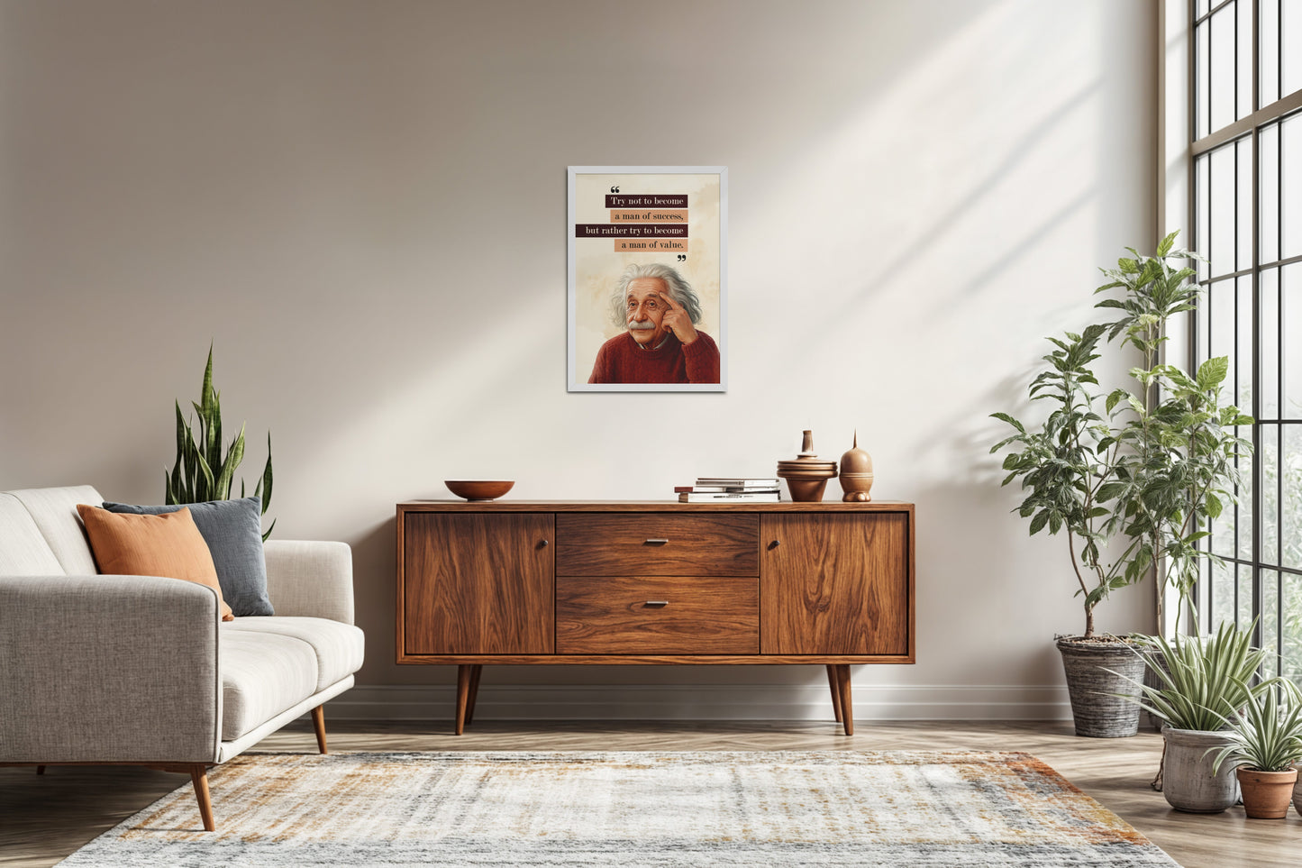 Living Room Sofa Preview of Be a Man of Value – Albert Einstein Motivational Frame in White Color Frame