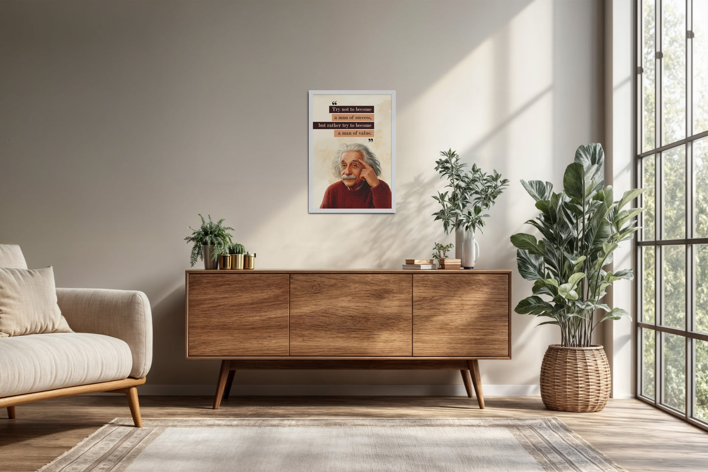 Living Room Cabinet Preview of Be a Man of Value – Albert Einstein Motivational Frame in White Color Frame