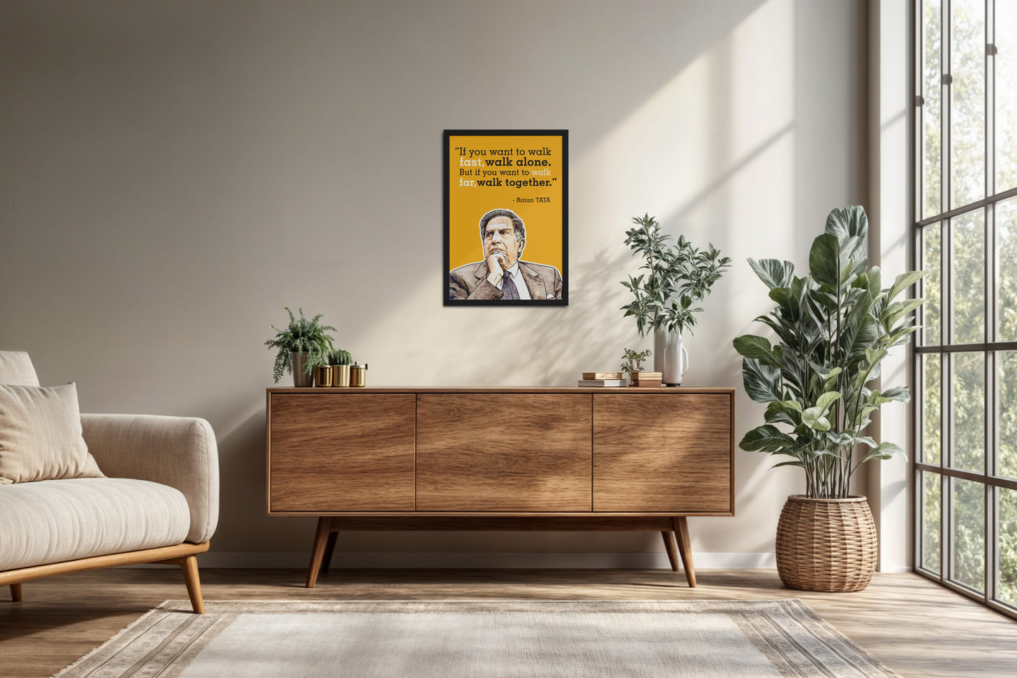 Living Room Cabinet Preview of Go Far, Walk Together – Ratan Tata Inspiring Quote Frame in Black Color Frame