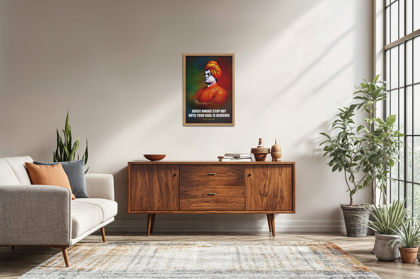 Living Room Sofa Preview of Chase Your Goal – Swami Vivekananda Quote Decor in Natrual Color Frame