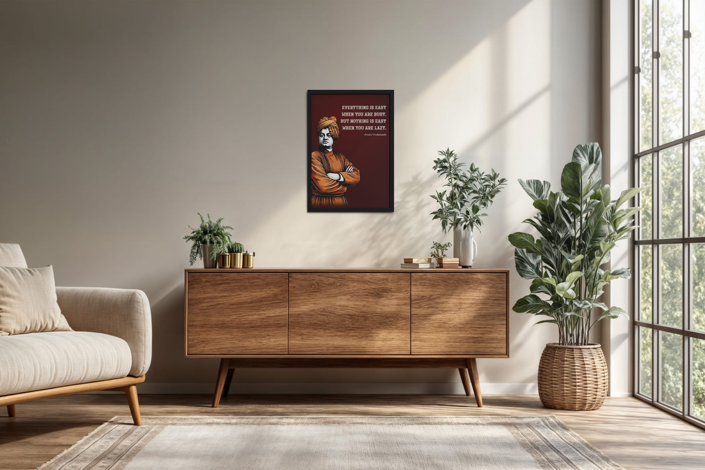 Living Room Cabinet Preview of Busy Mind, Easy Life – Swami Vivekananda Quote Frame in Black Color Frame