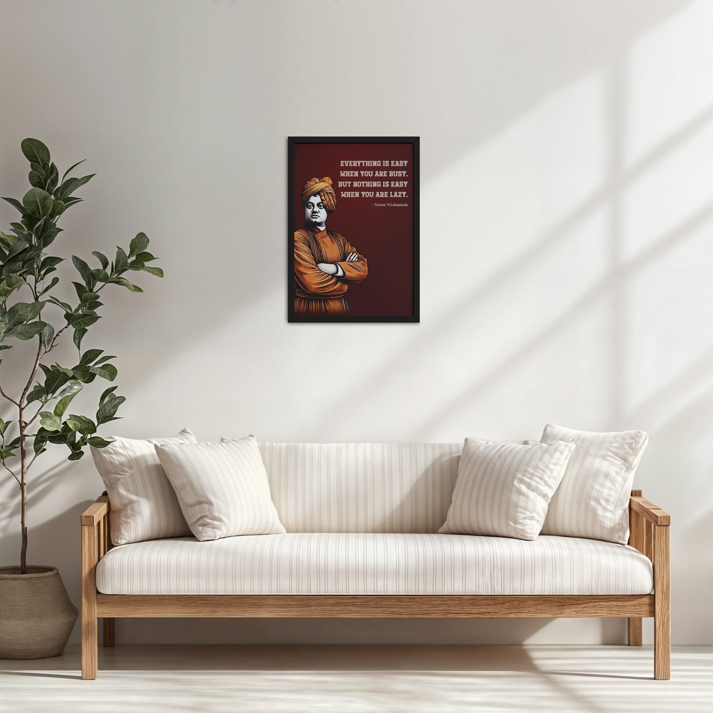 Living Room Cabinet Table Preview of Busy Mind, Easy Life – Swami Vivekananda Quote Frame in Black Color Frame