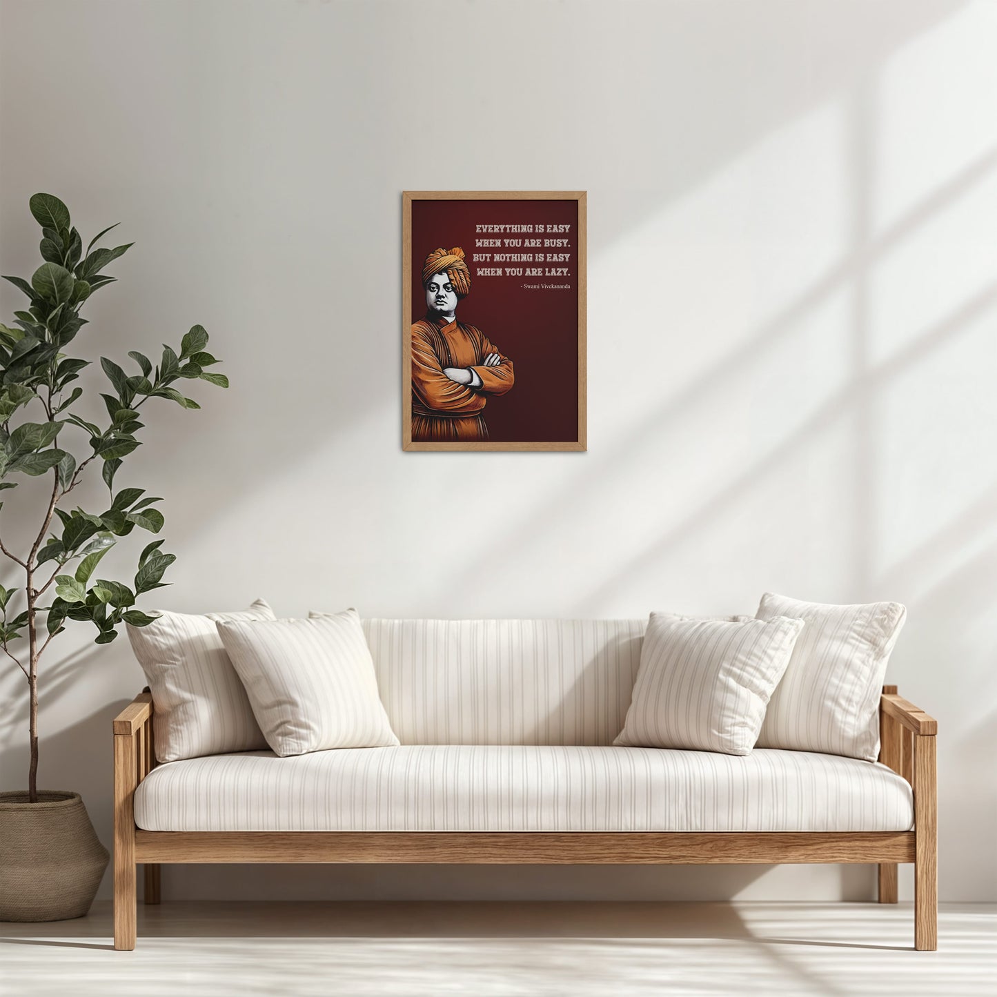Living Room Cabinet Table Preview of Busy Mind, Easy Life – Swami Vivekananda Quote Frame in Natrual Color Frame