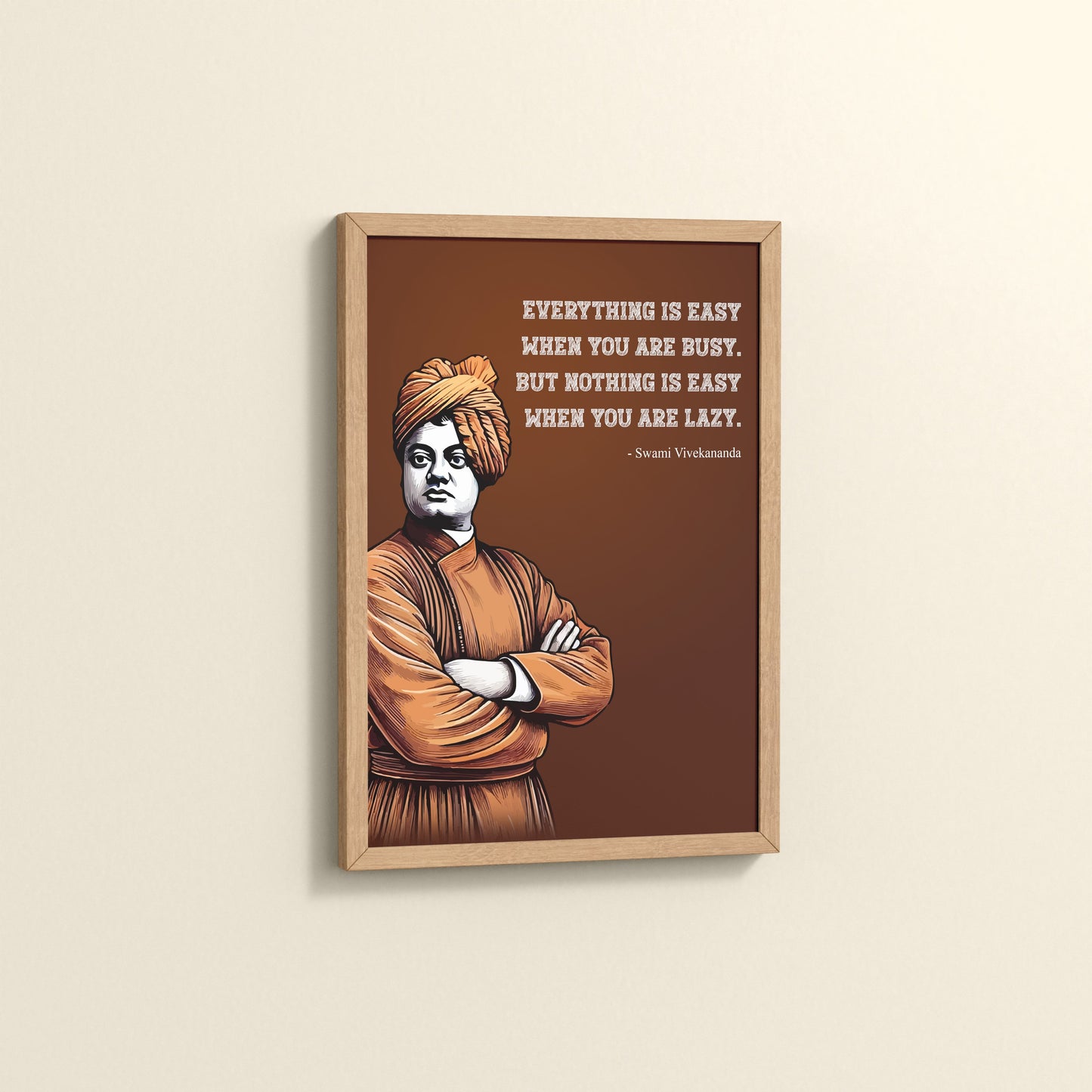 Side View of Busy Mind, Easy Life – Swami Vivekananda Quote Frame in Natrual Color Frame