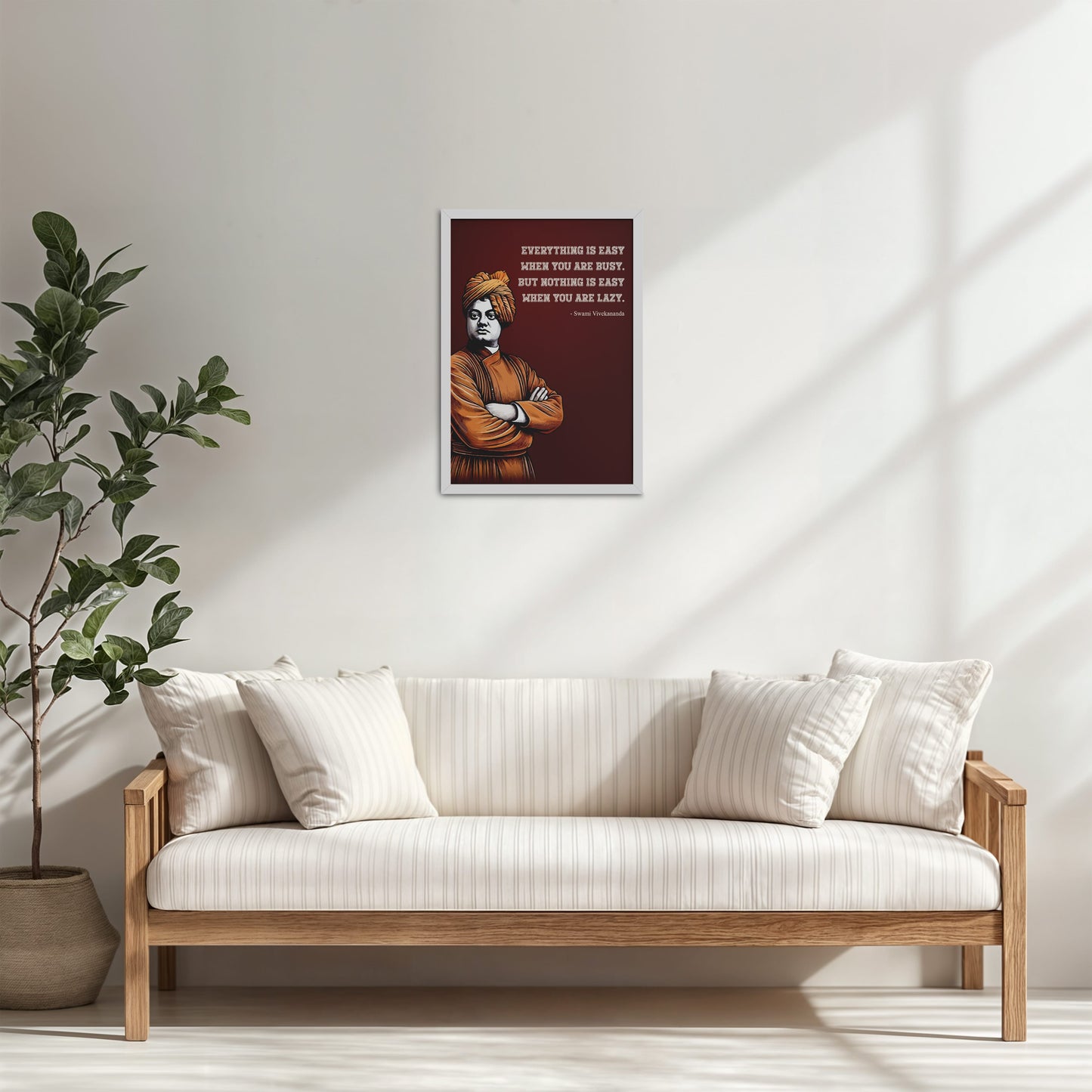 Living Room Cabinet Table Preview of Busy Mind, Easy Life – Swami Vivekananda Quote Frame in White Color Frame