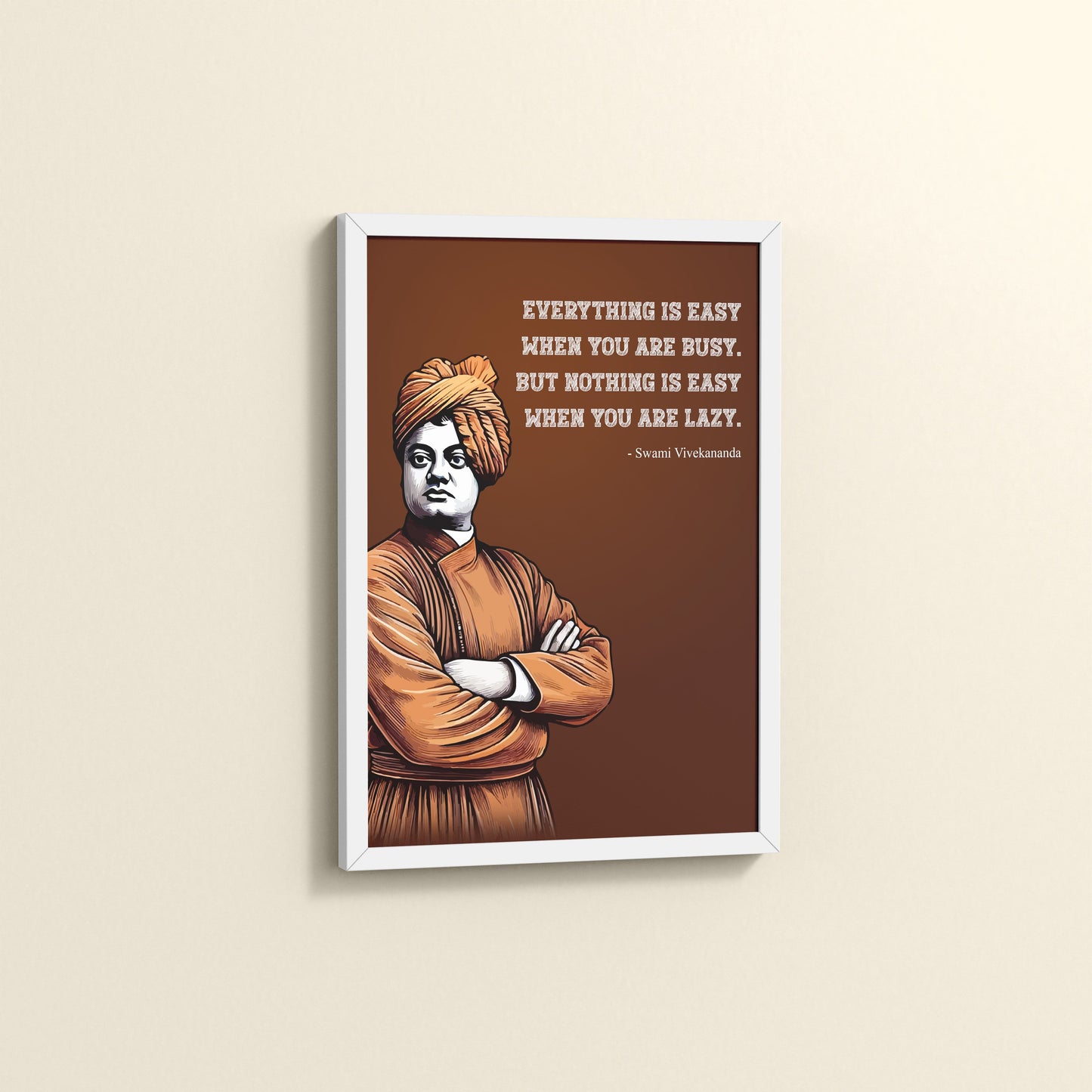 Side View of Busy Mind, Easy Life – Swami Vivekananda Quote Frame in White Color Frame