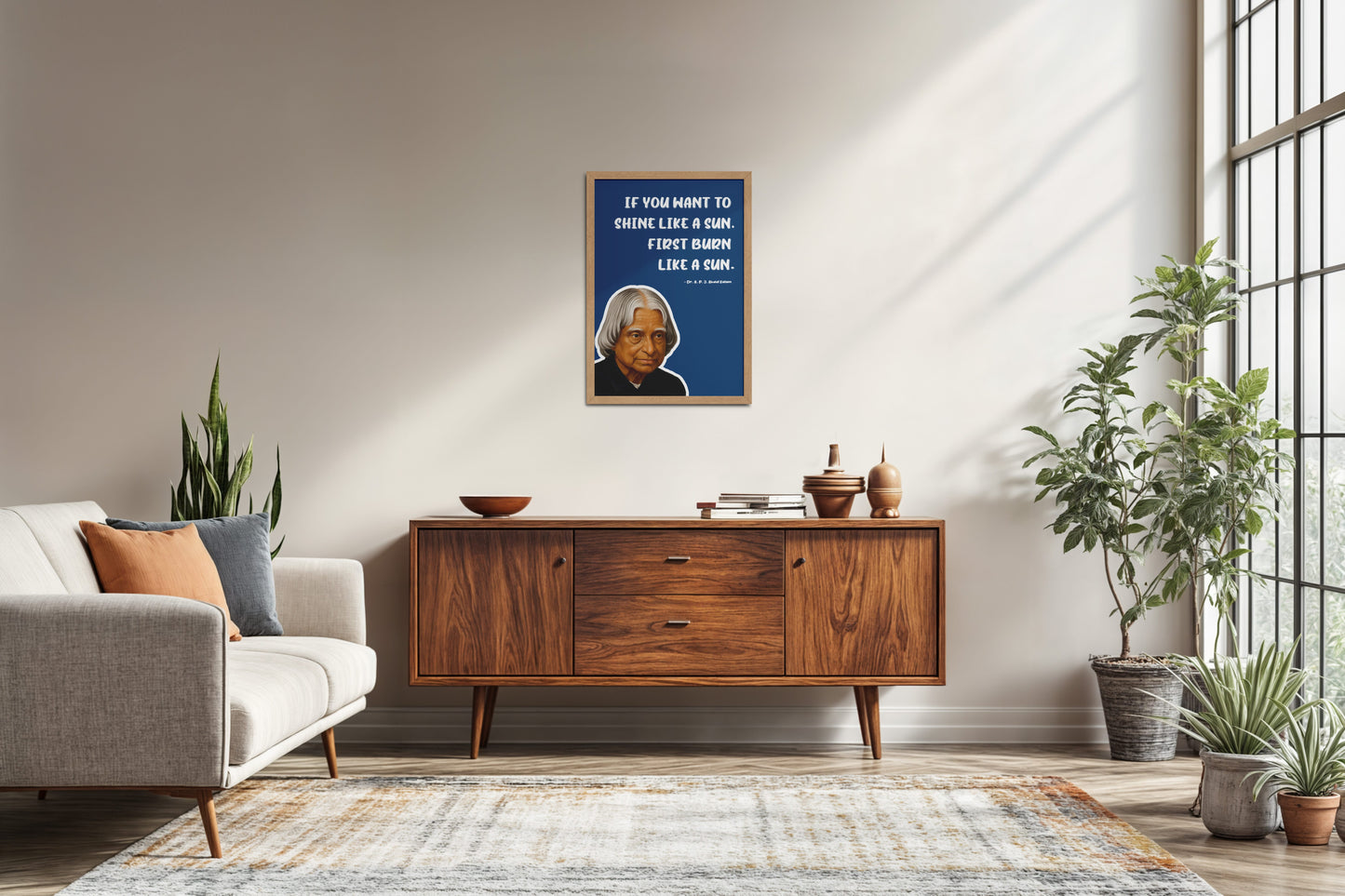 Living Room Sofa Preview of Shine Through Struggle – A.P.J. Abdul Kalam Quote Wall Art in Natrual Color Frame