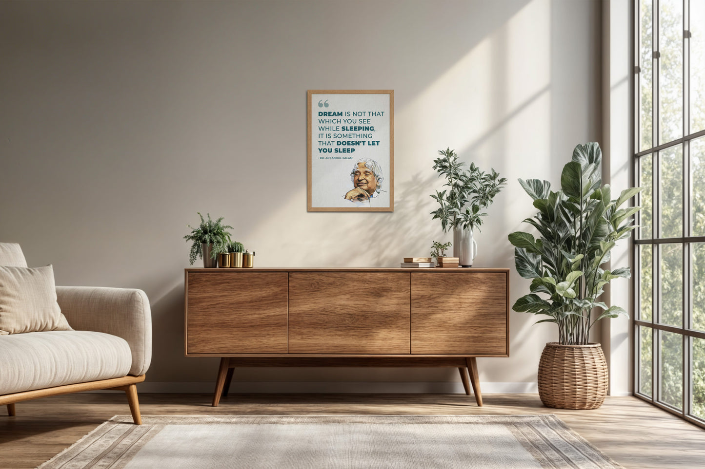 Living Room Cabinet Preview of Dreams That Keep You Awake – Abdul Kalam Quote Frame in Natrual Color Frame