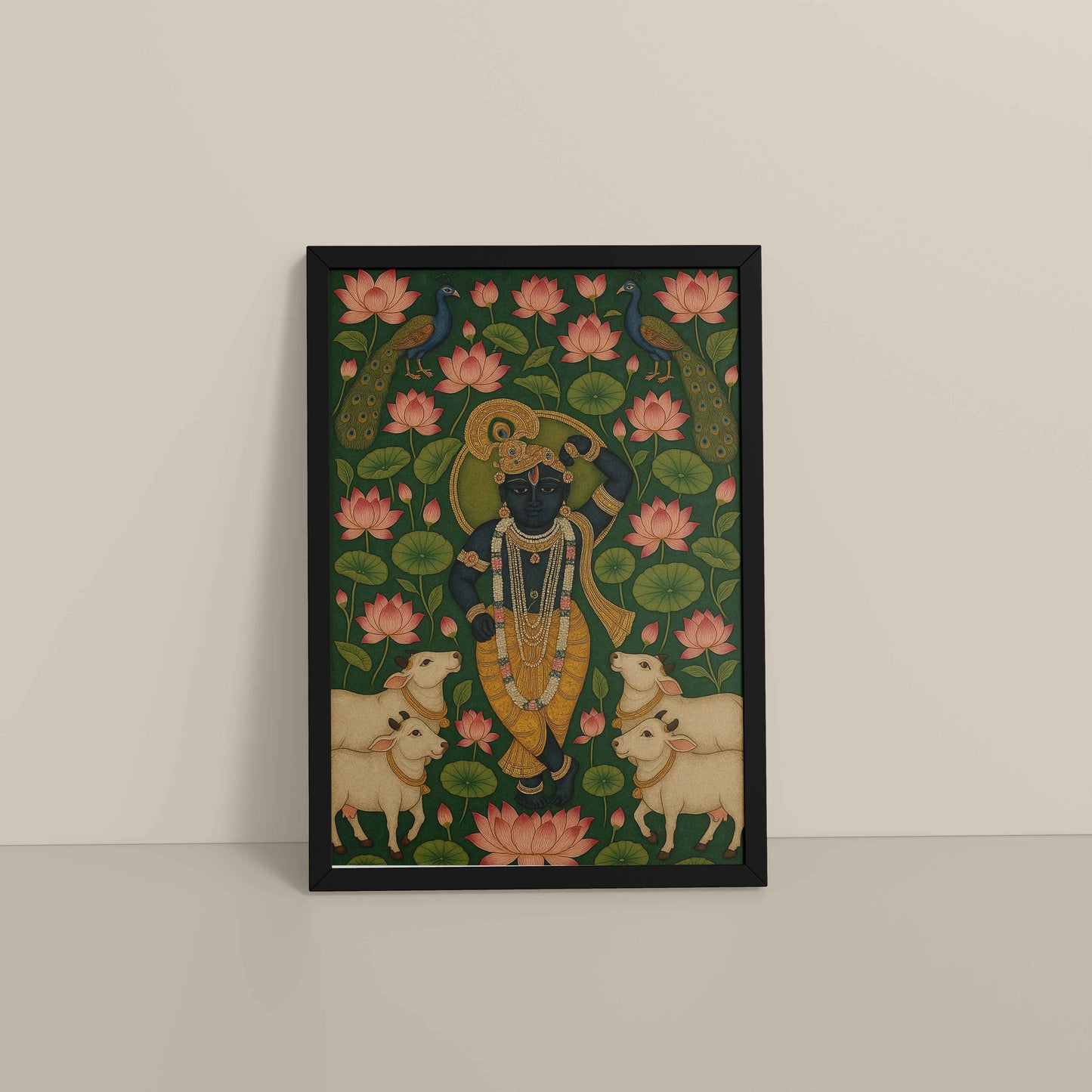 Floor View of Lotus Leela – Shrinathji in Traditional Pichwai Art in Black Color Frame