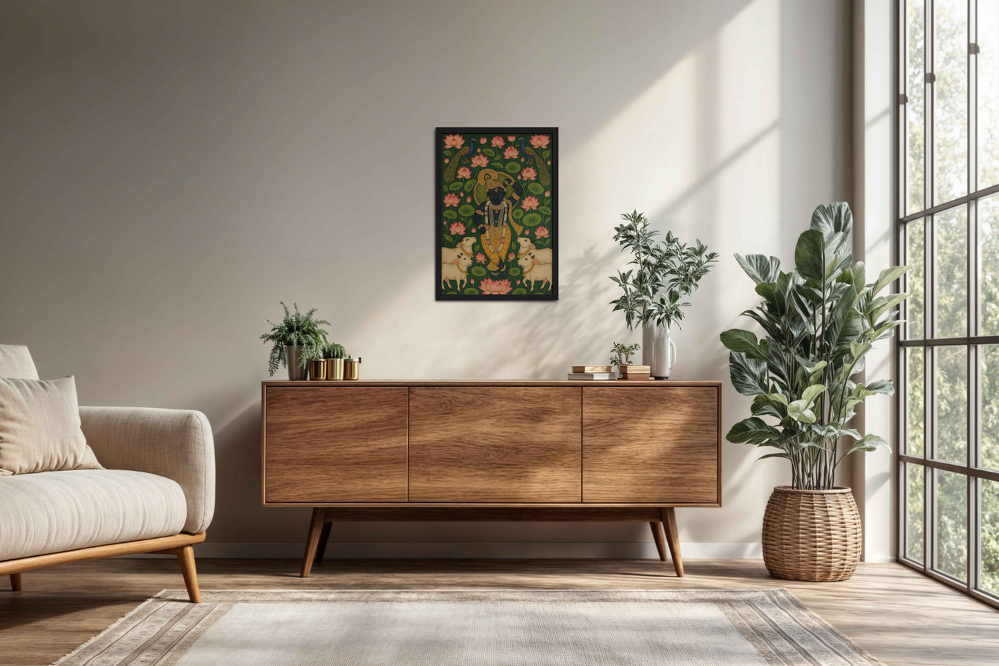 Living Room Cabinet Preview of Lotus Leela – Shrinathji in Traditional Pichwai Art in Black Color Frame