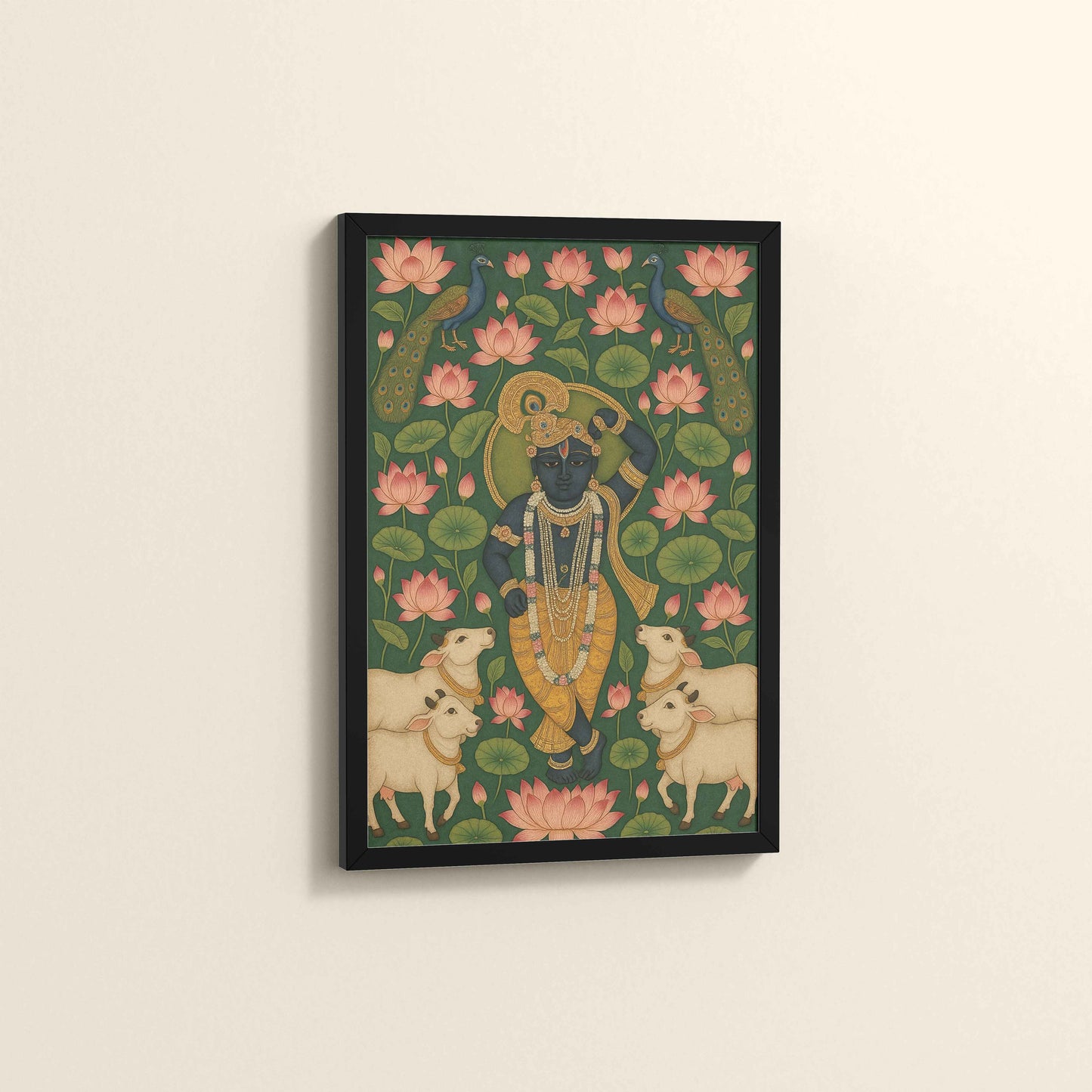 Side View of Lotus Leela – Shrinathji in Traditional Pichwai Art in Black Color Frame