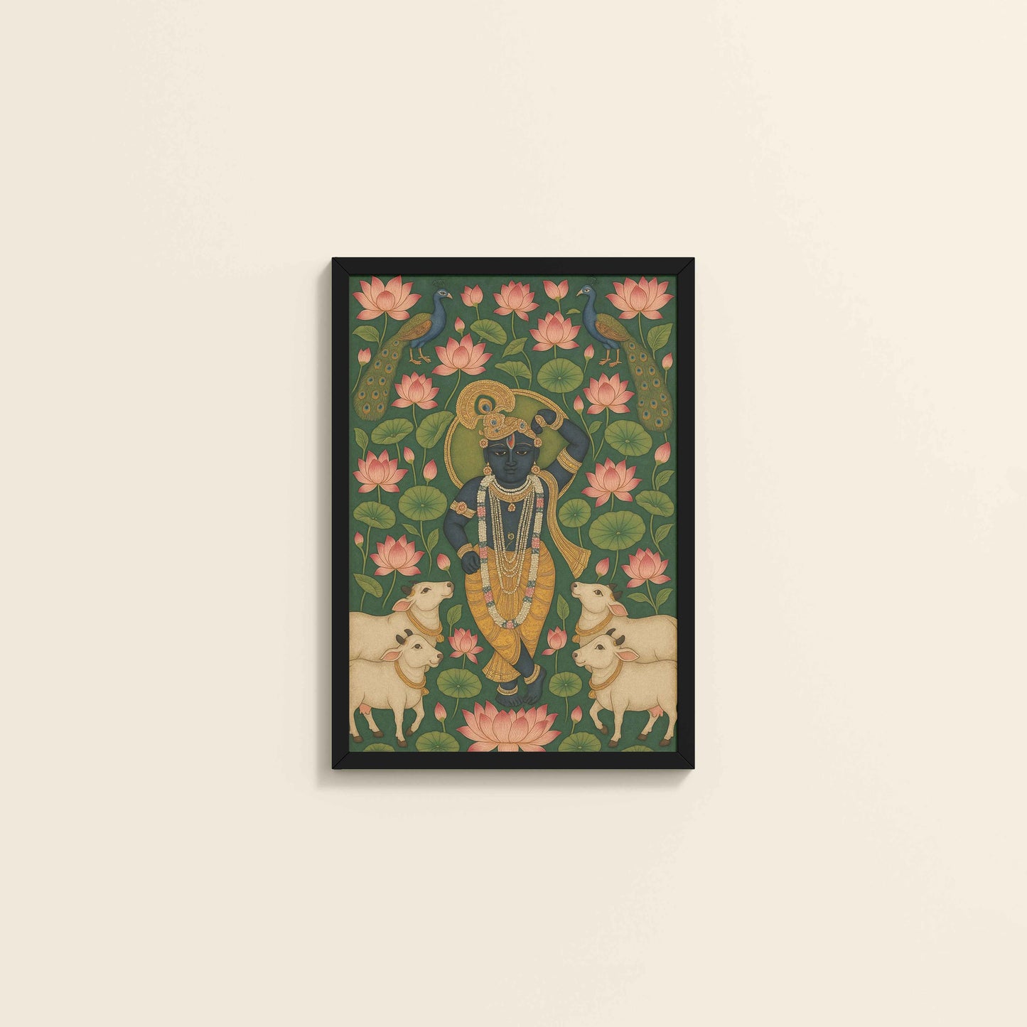 Wall View of Lotus Leela – Shrinathji in Traditional Pichwai Art in Black Color Frame