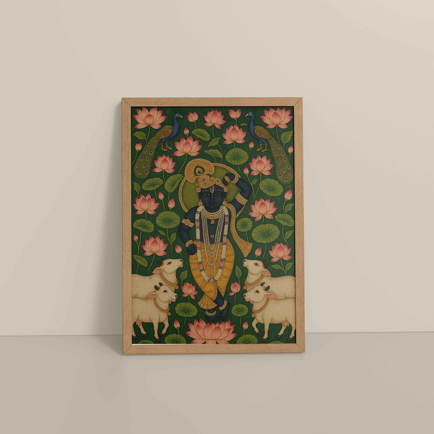 Floor View of Lotus Leela – Shrinathji in Traditional Pichwai Art in Natrual Color Frame