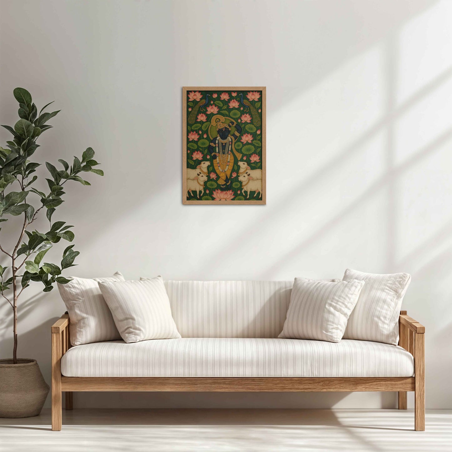 Living Room Cabinet Table Preview of Lotus Leela – Shrinathji in Traditional Pichwai Art in Natrual Color Frame