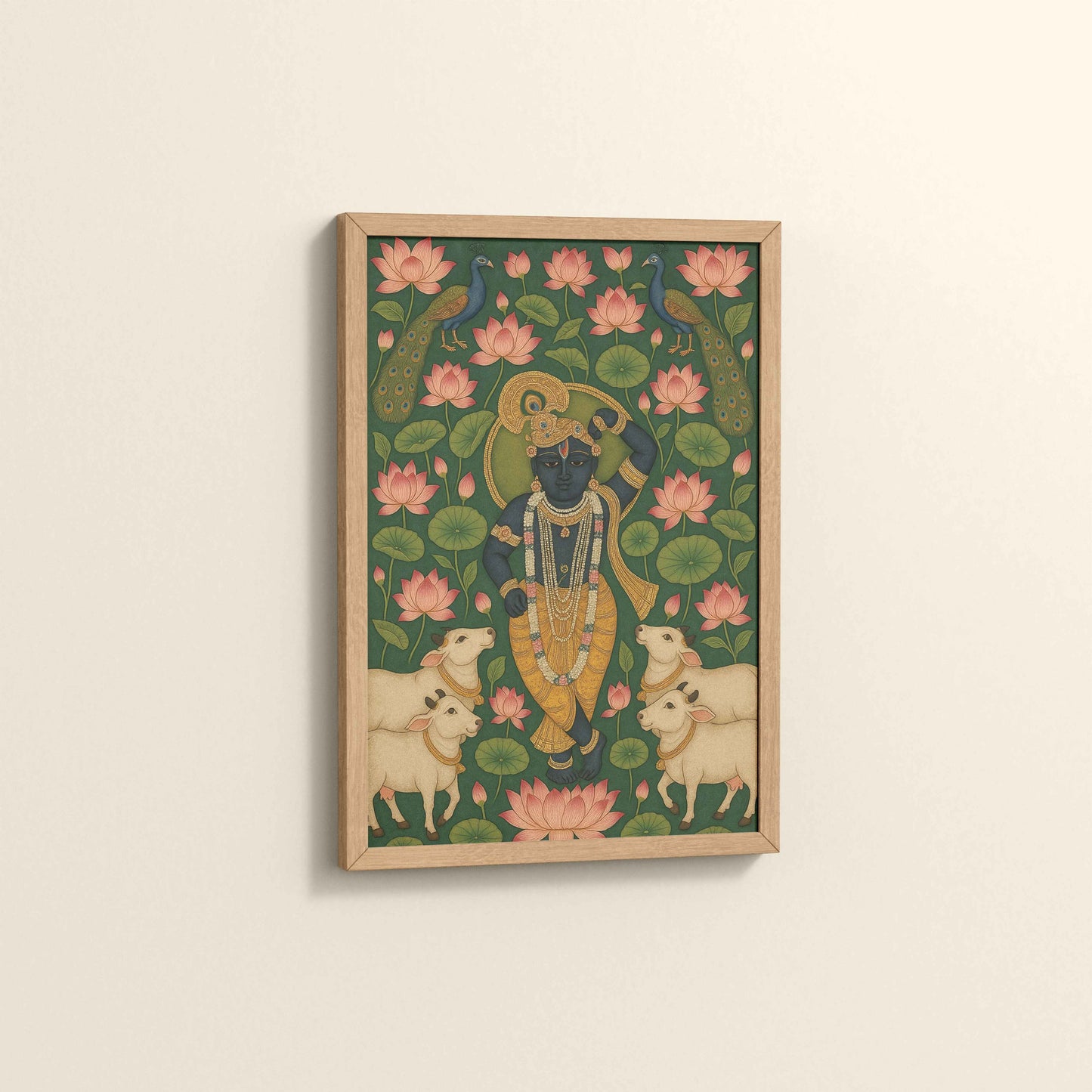 Side View of Lotus Leela – Shrinathji in Traditional Pichwai Art in Natrual Color Frame