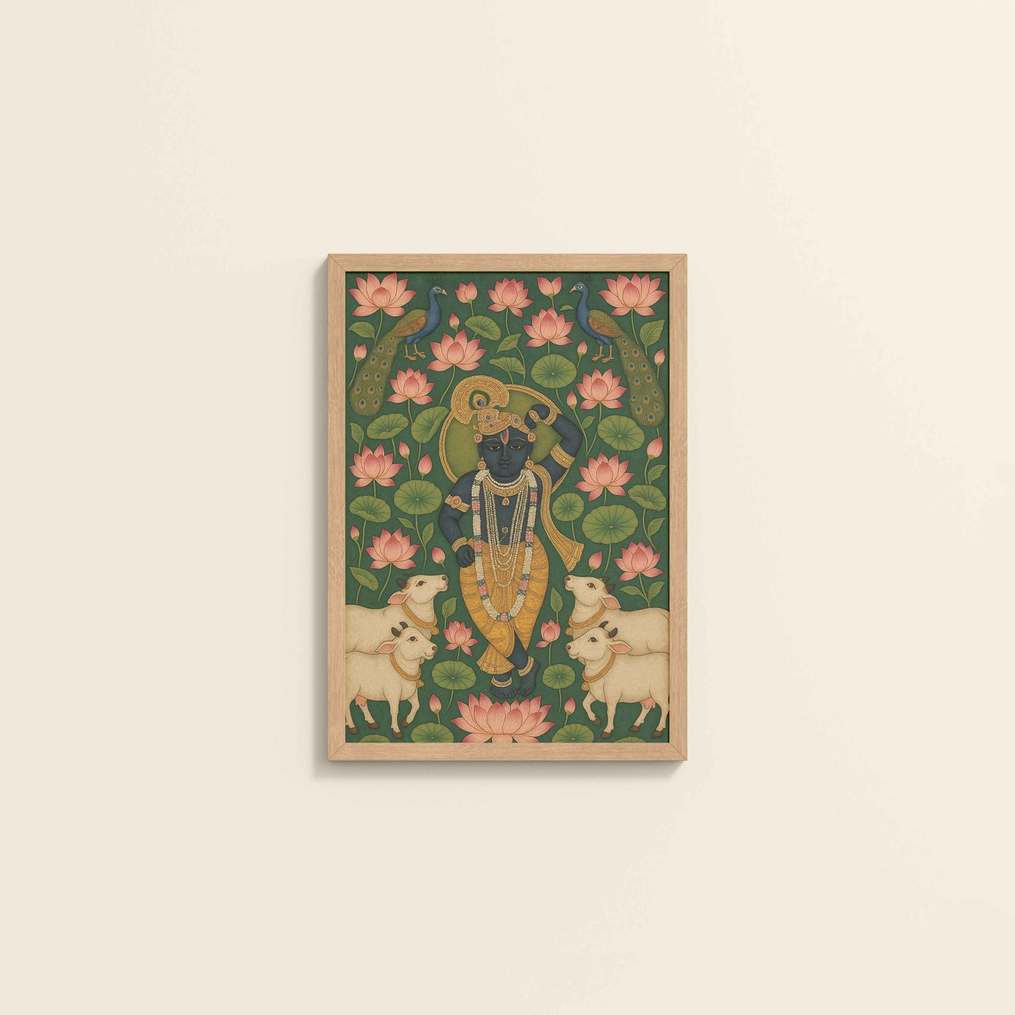 Wall View of Lotus Leela – Shrinathji in Traditional Pichwai Art in Natrual Color Frame