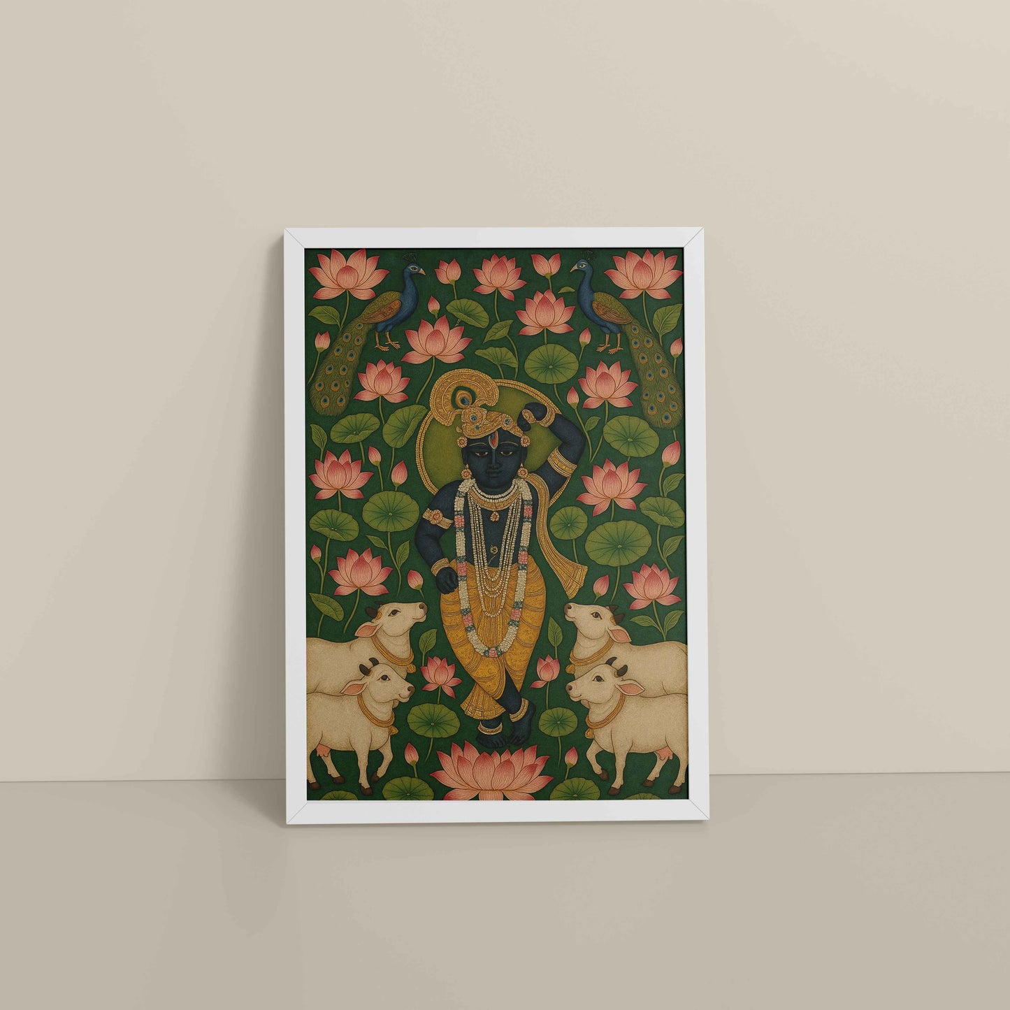 Floor View of Lotus Leela – Shrinathji in Traditional Pichwai Art in White Color Frame