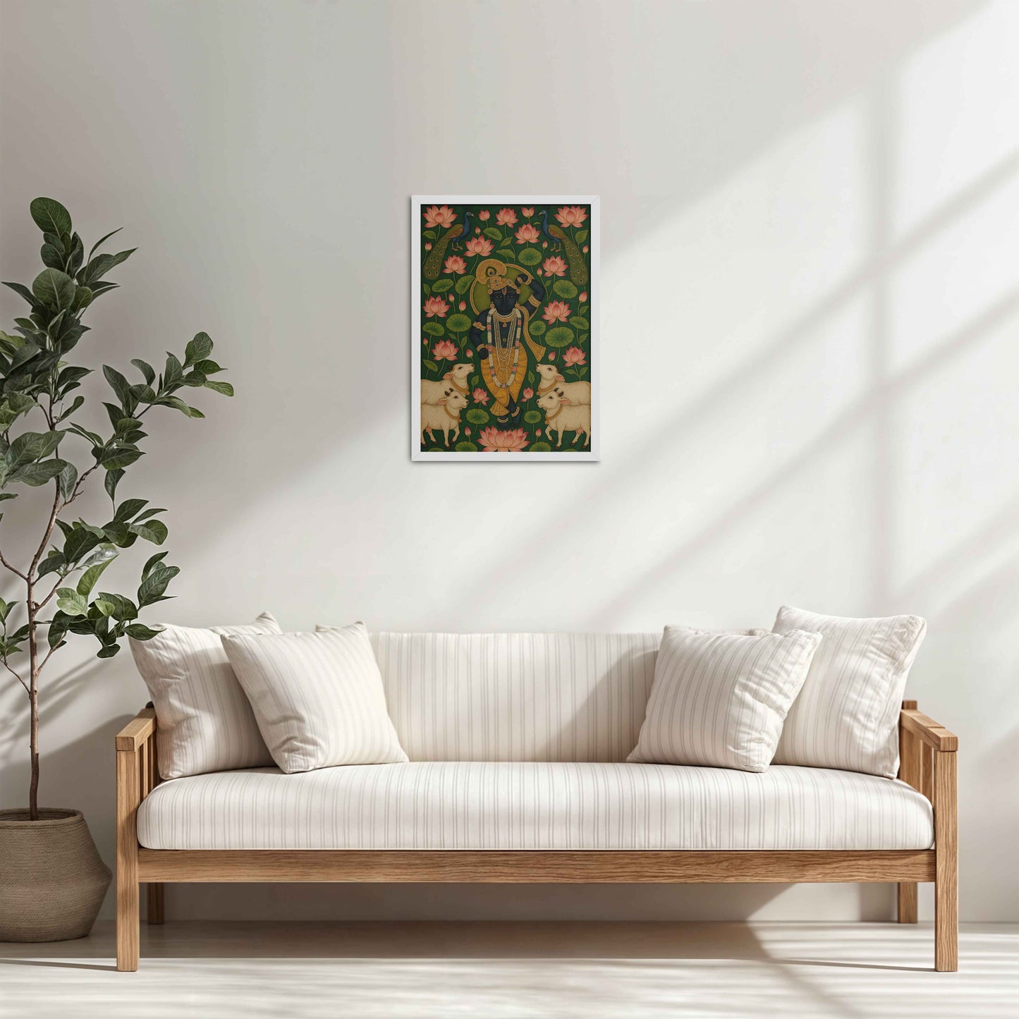Living Room Cabinet Table Preview of Lotus Leela – Shrinathji in Traditional Pichwai Art in White Color Frame