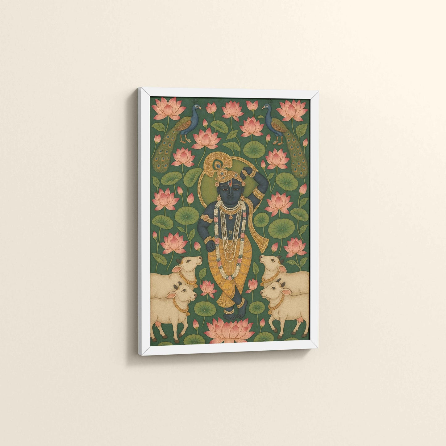 Side View of Lotus Leela – Shrinathji in Traditional Pichwai Art in White Color Frame