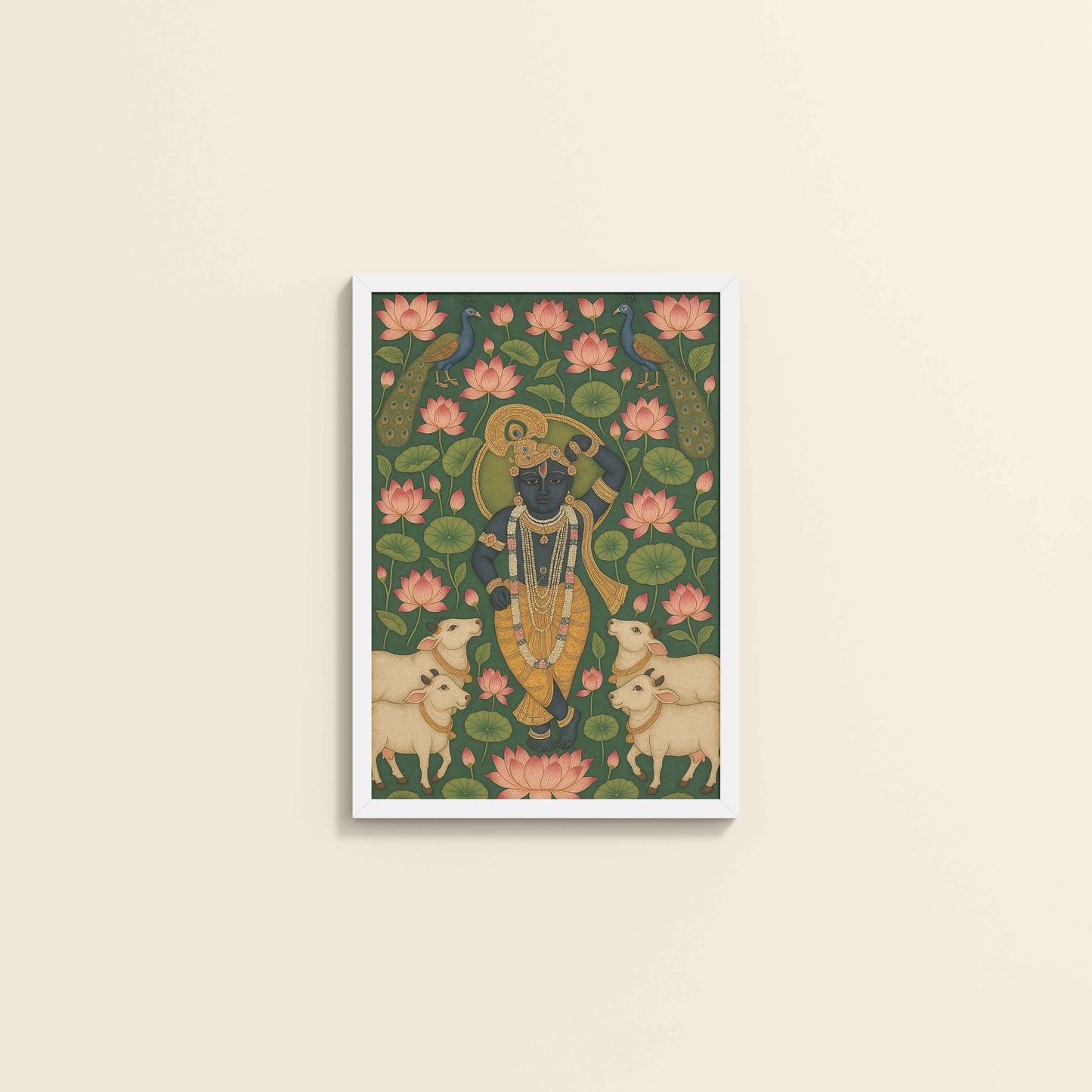 Wall View of Lotus Leela – Shrinathji in Traditional Pichwai Art in White Color Frame