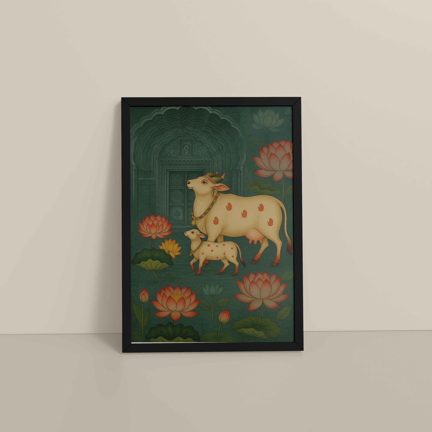 Floor View of Divine Companions – Pichwai Cow Painting in Black Color Frame
