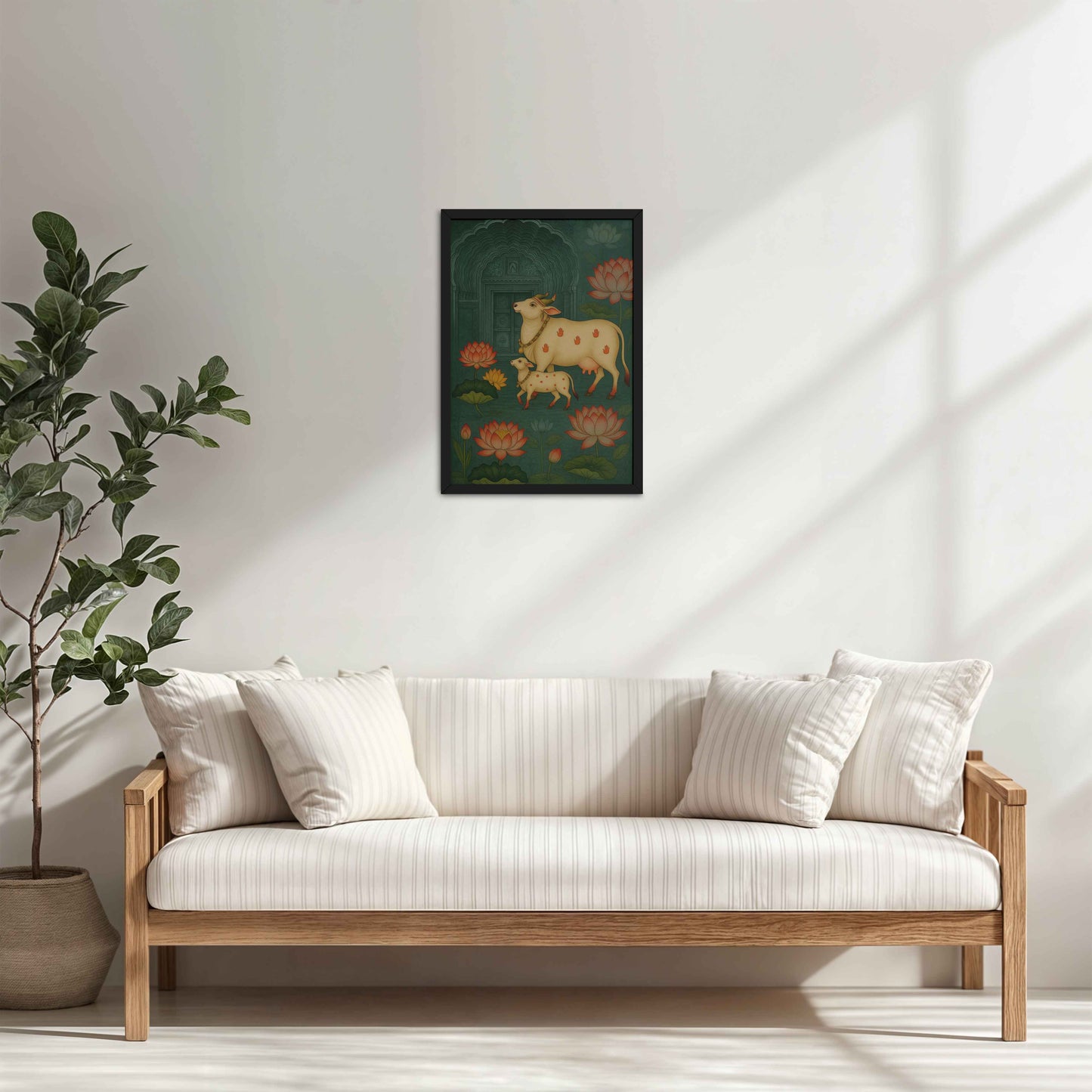Living Room Cabinet Table Preview of Divine Companions – Pichwai Cow Painting in Black Color Frame