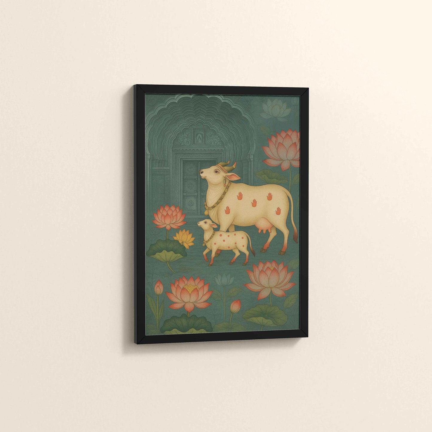 Side View of Divine Companions – Pichwai Cow Painting in Black Color Frame