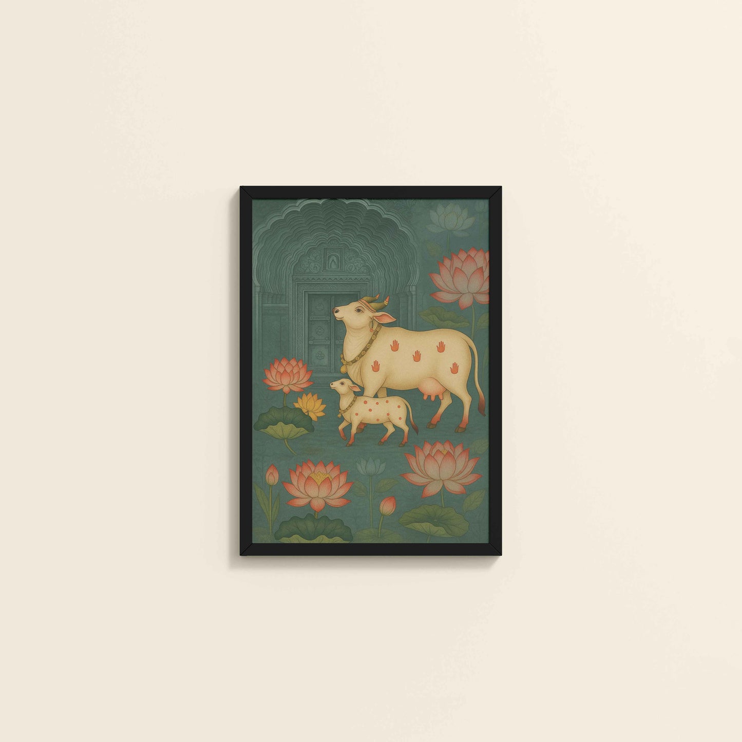 Wall View of Divine Companions – Pichwai Cow Painting in Black Color Frame