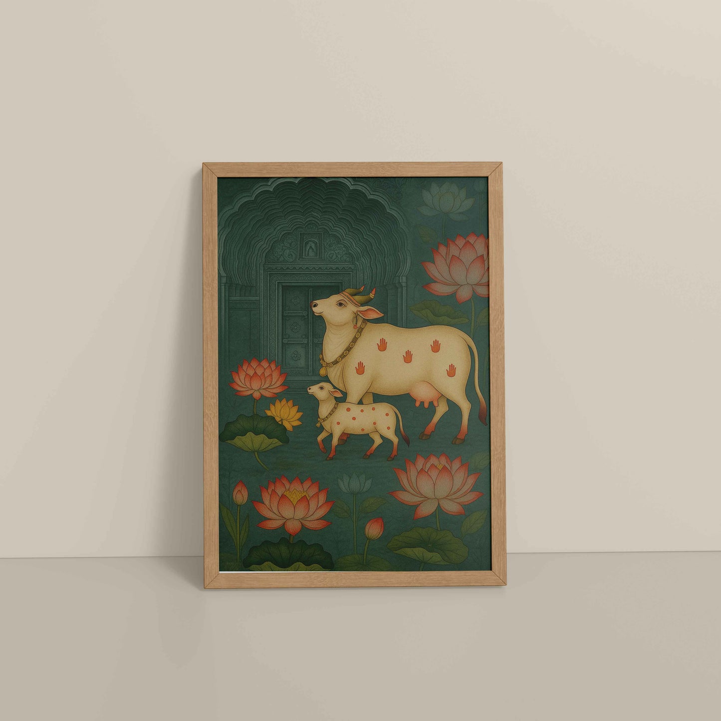 Floor View of Divine Companions – Pichwai Cow Painting in Natrual Color Frame