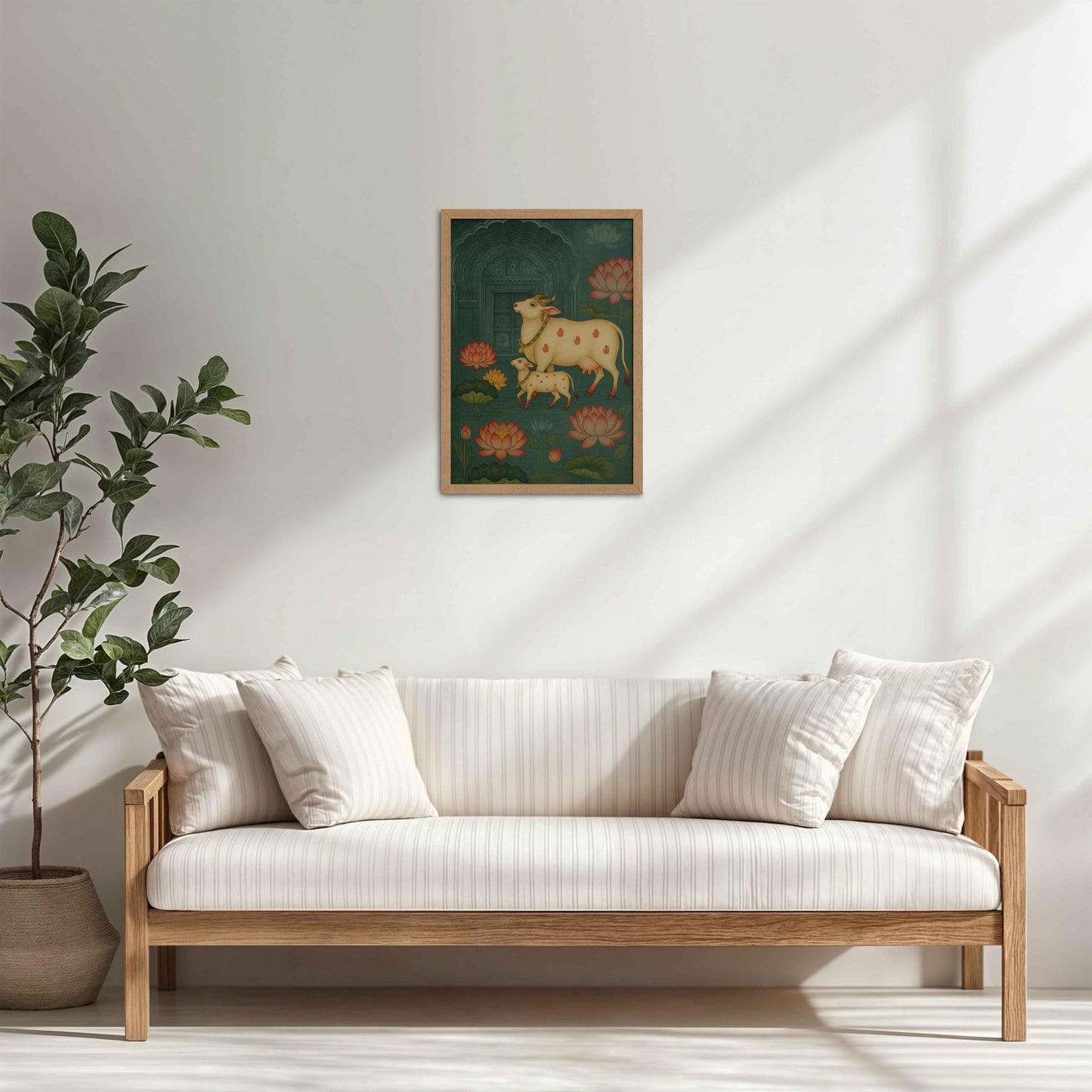 Living Room Cabinet Table Preview of Divine Companions – Pichwai Cow Painting in Natrual Color Frame