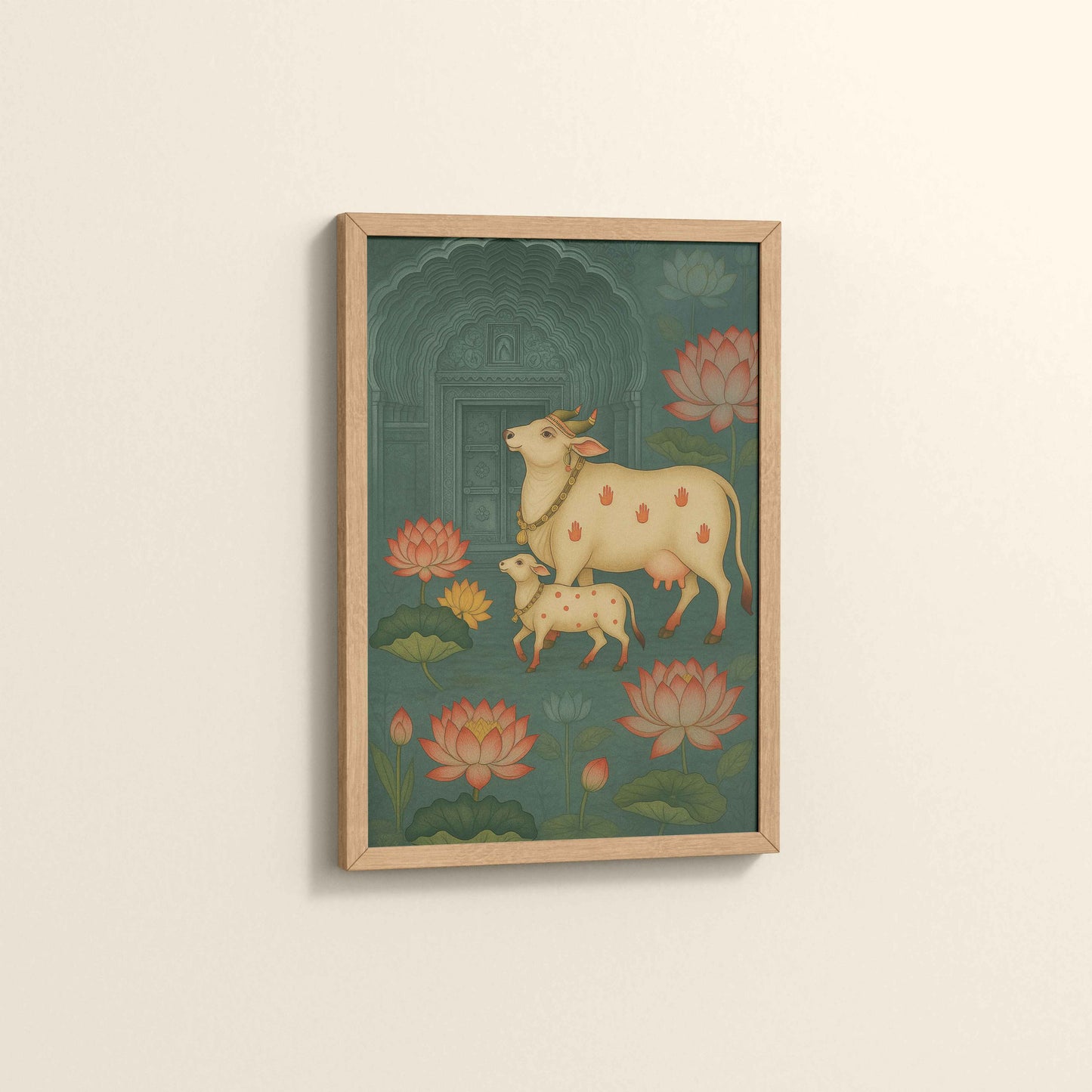 Side View of Divine Companions – Pichwai Cow Painting in Natrual Color Frame