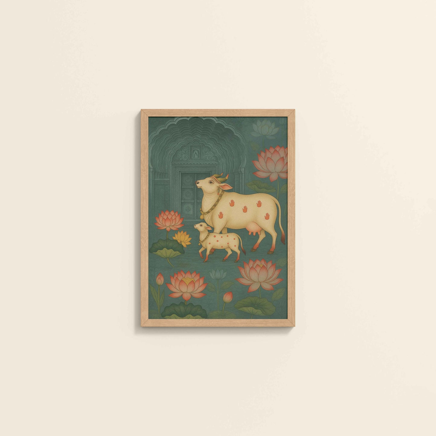 Wall View of Divine Companions – Pichwai Cow Painting in Natrual Color Frame