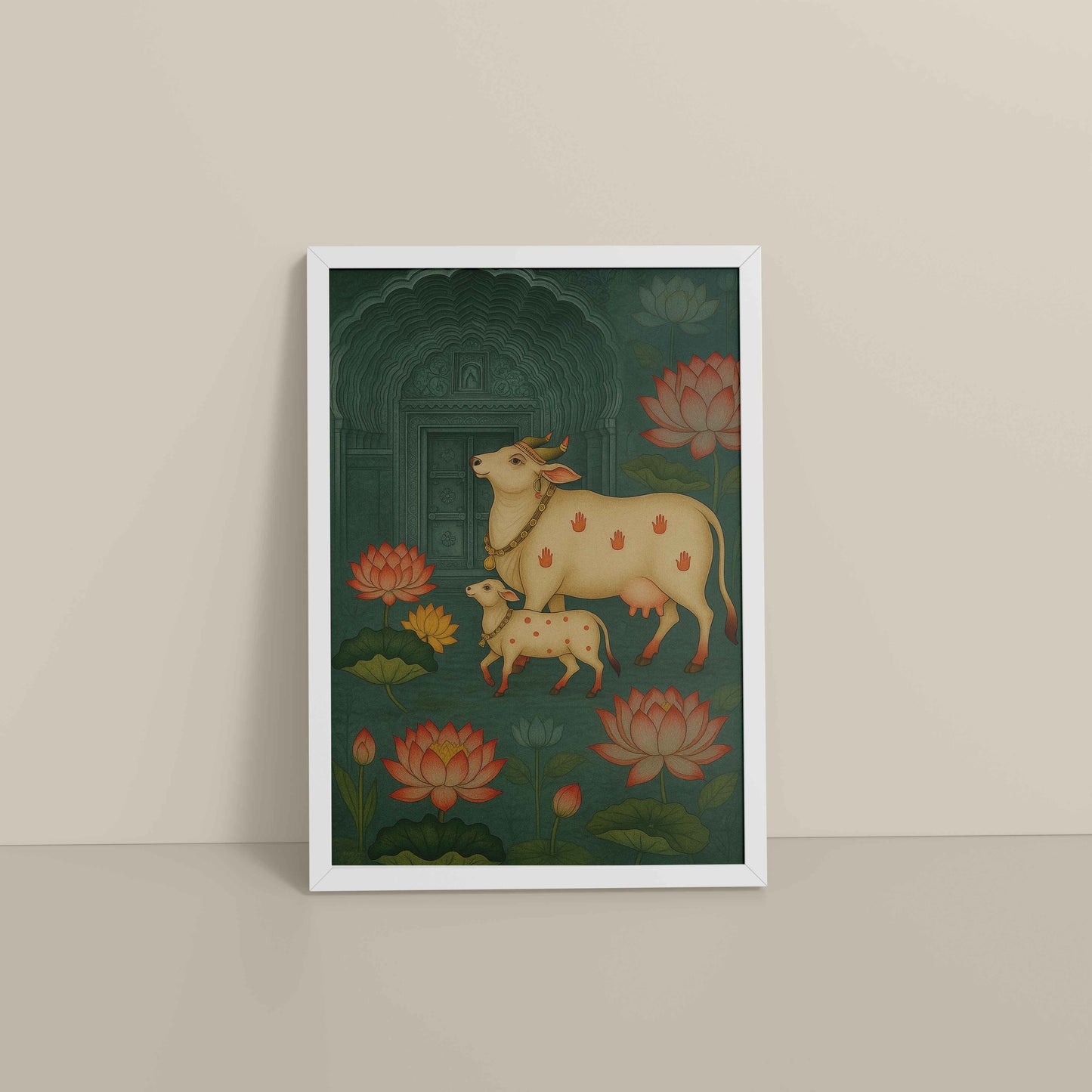 Floor View of Divine Companions – Pichwai Cow Painting in White Color Frame