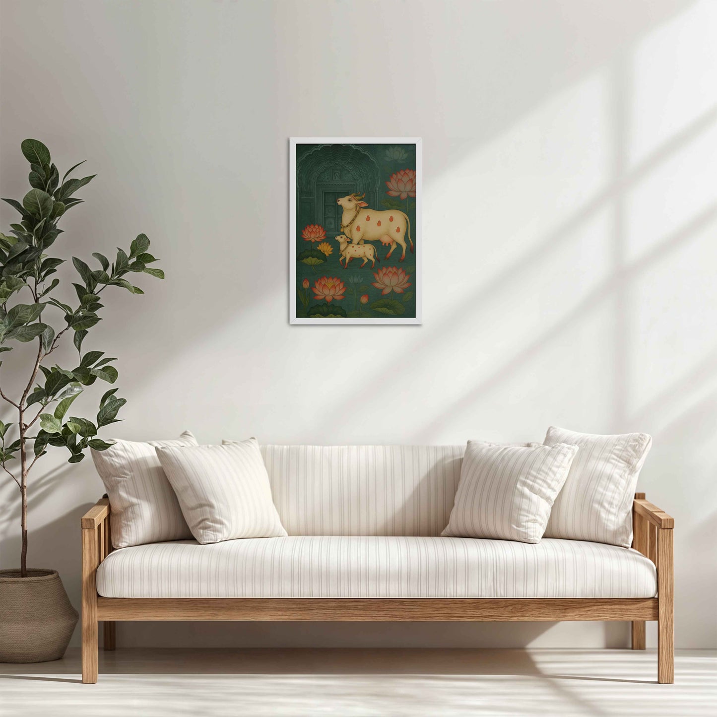 Living Room Cabinet Table Preview of Divine Companions – Pichwai Cow Painting in White Color Frame