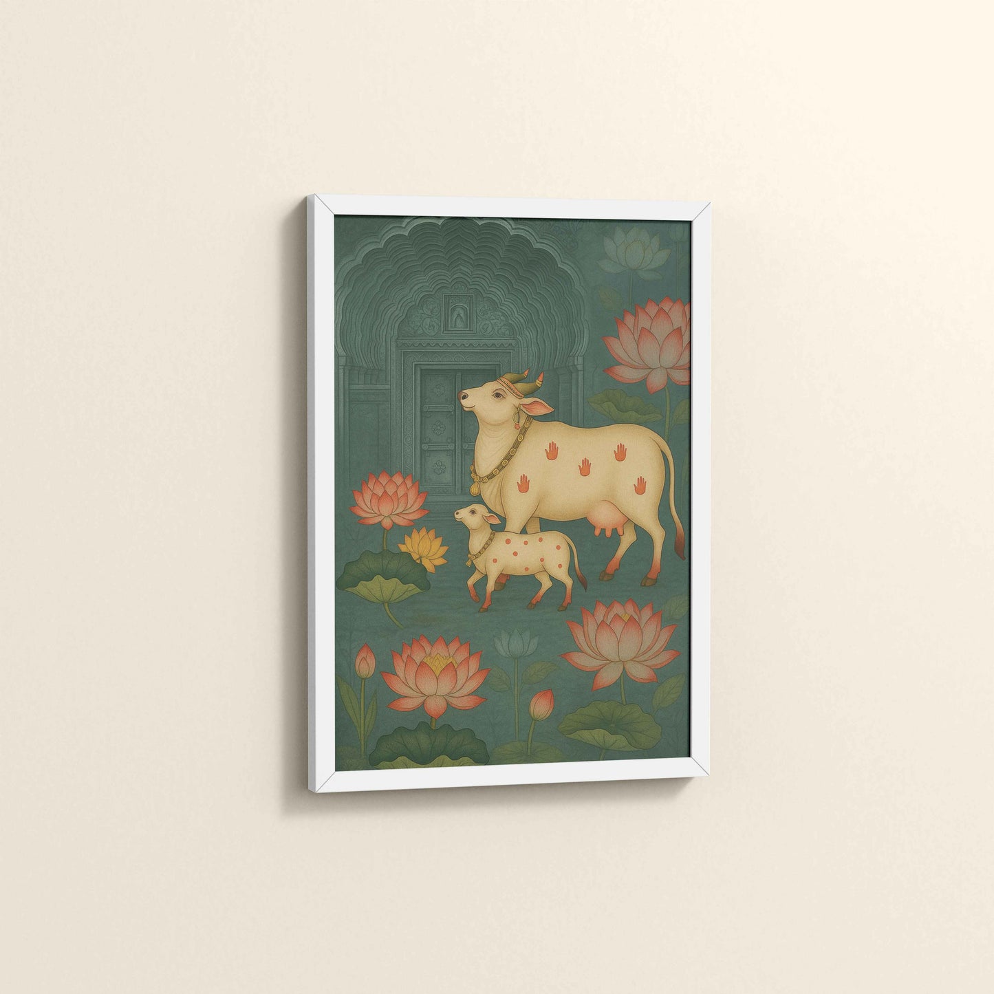 Side View of Divine Companions – Pichwai Cow Painting in White Color Frame