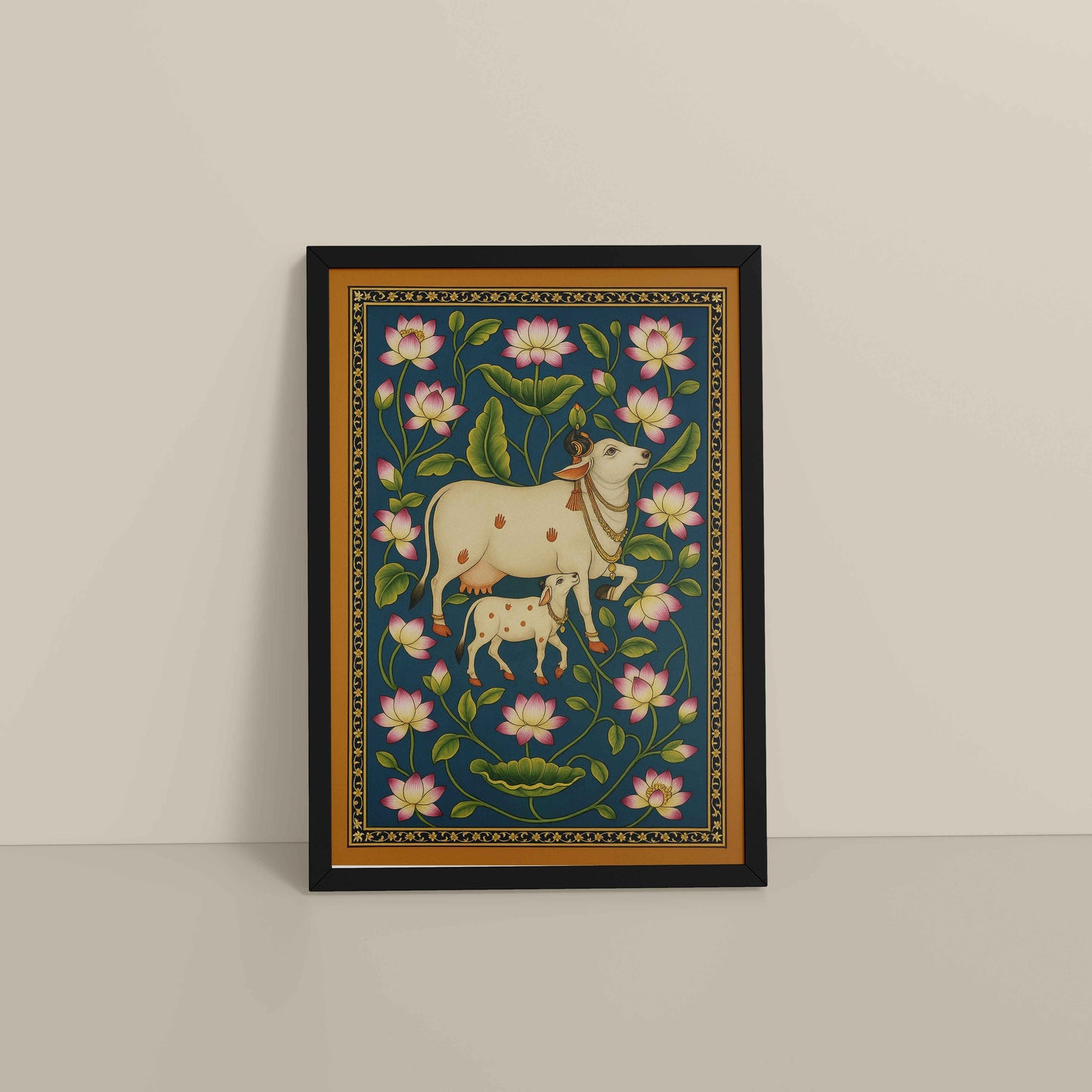 Floor View of Gokul Grace – Cow and Lotus Pichwai Art in Black Color Frame