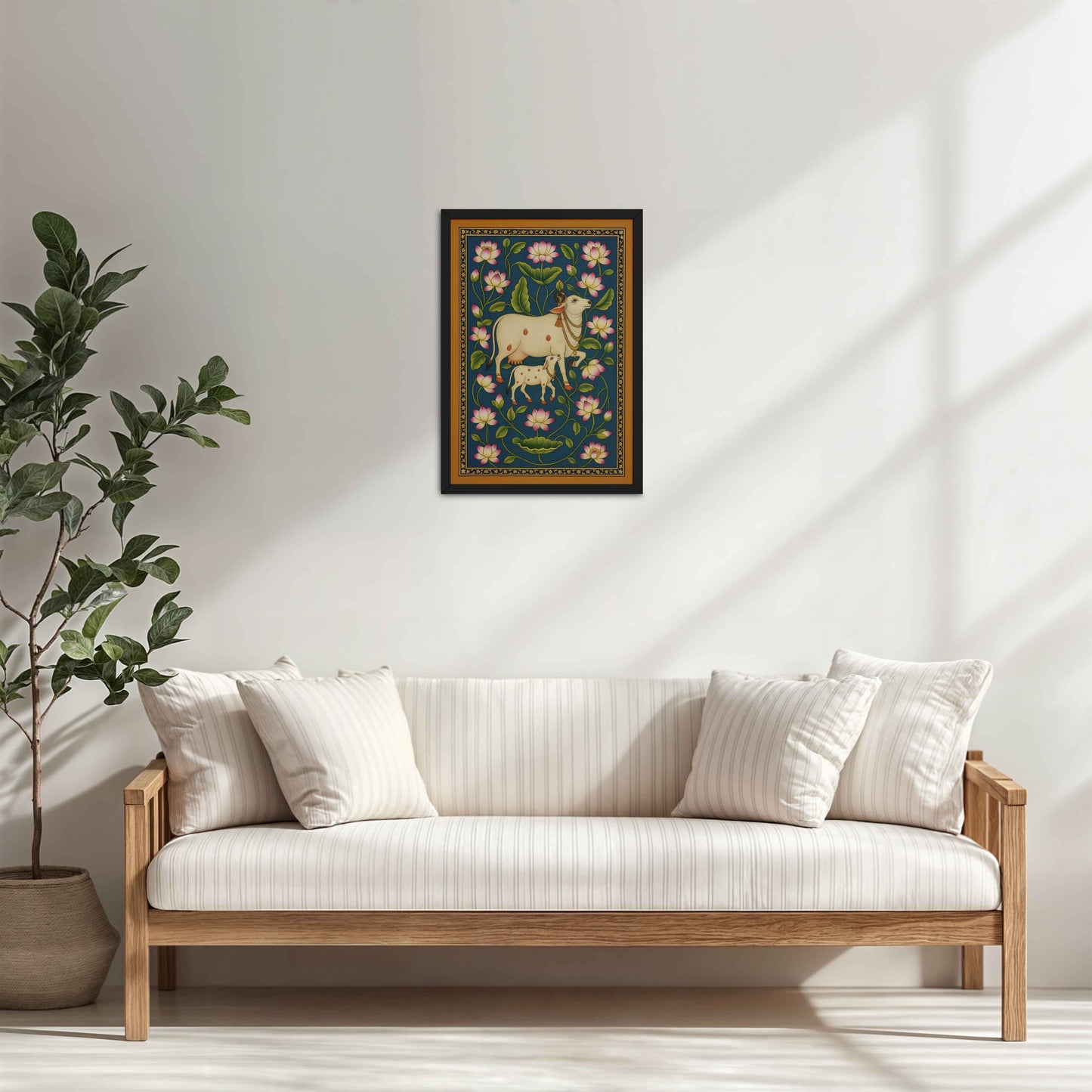 Living Room Cabinet Table Preview of Gokul Grace – Cow and Lotus Pichwai Art in Black Color Frame