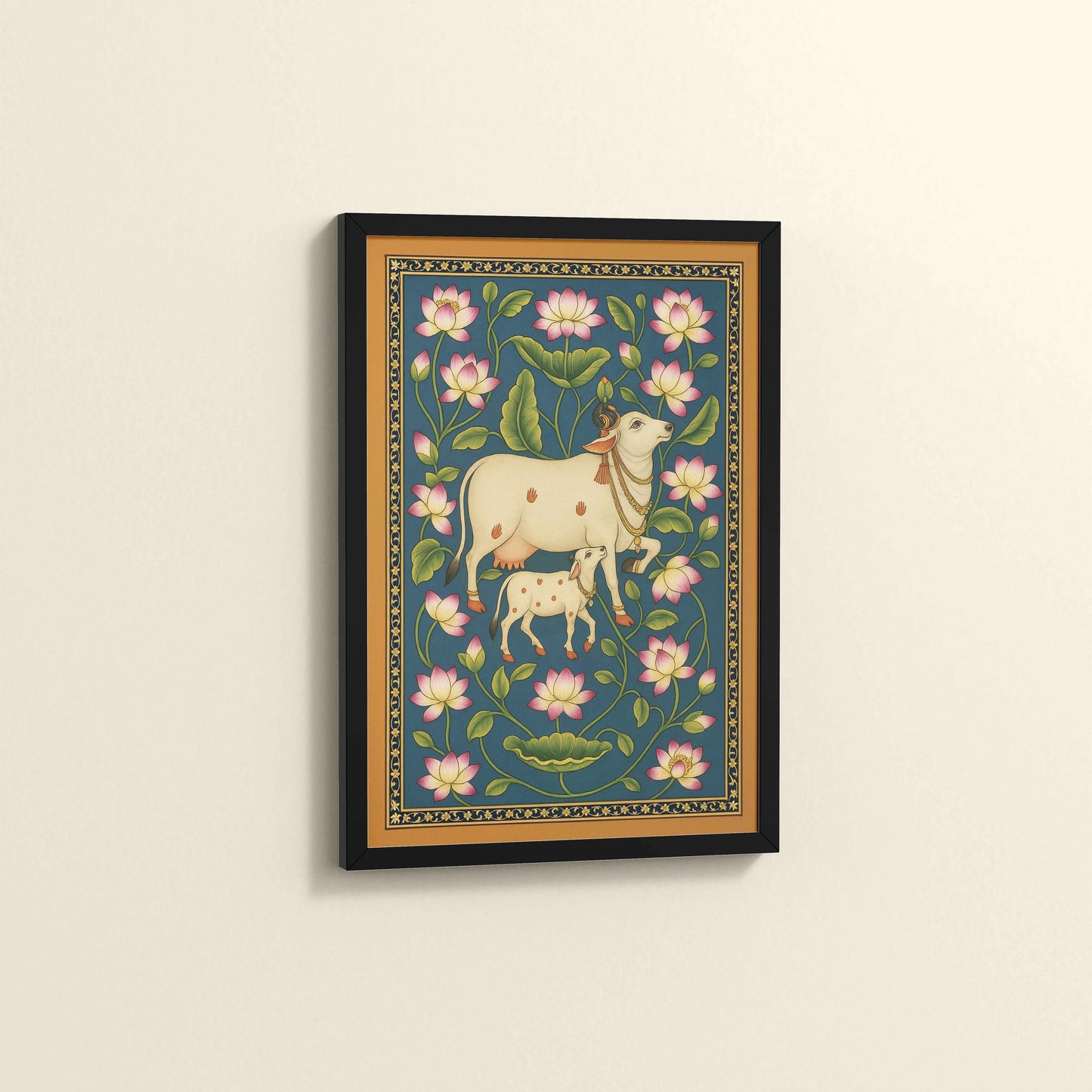 Side View of Gokul Grace – Cow and Lotus Pichwai Art in Black Color Frame