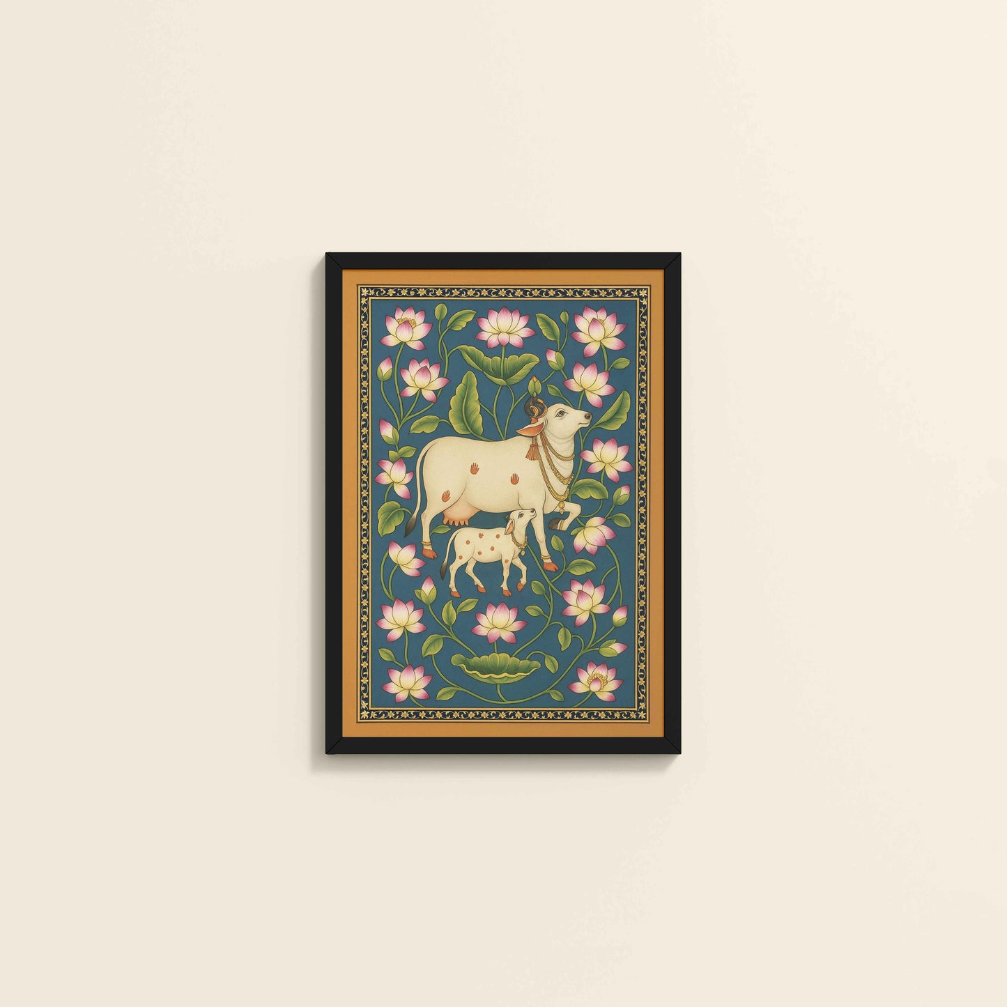 Wall View of Gokul Grace – Cow and Lotus Pichwai Art in Black Color Frame