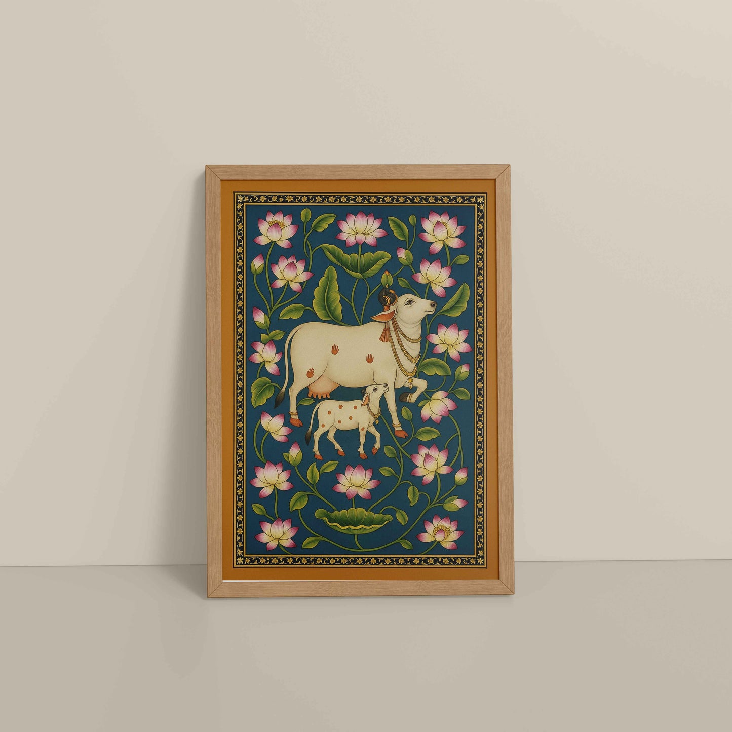 Floor View of Gokul Grace – Cow and Lotus Pichwai Art in Natrual Color Frame