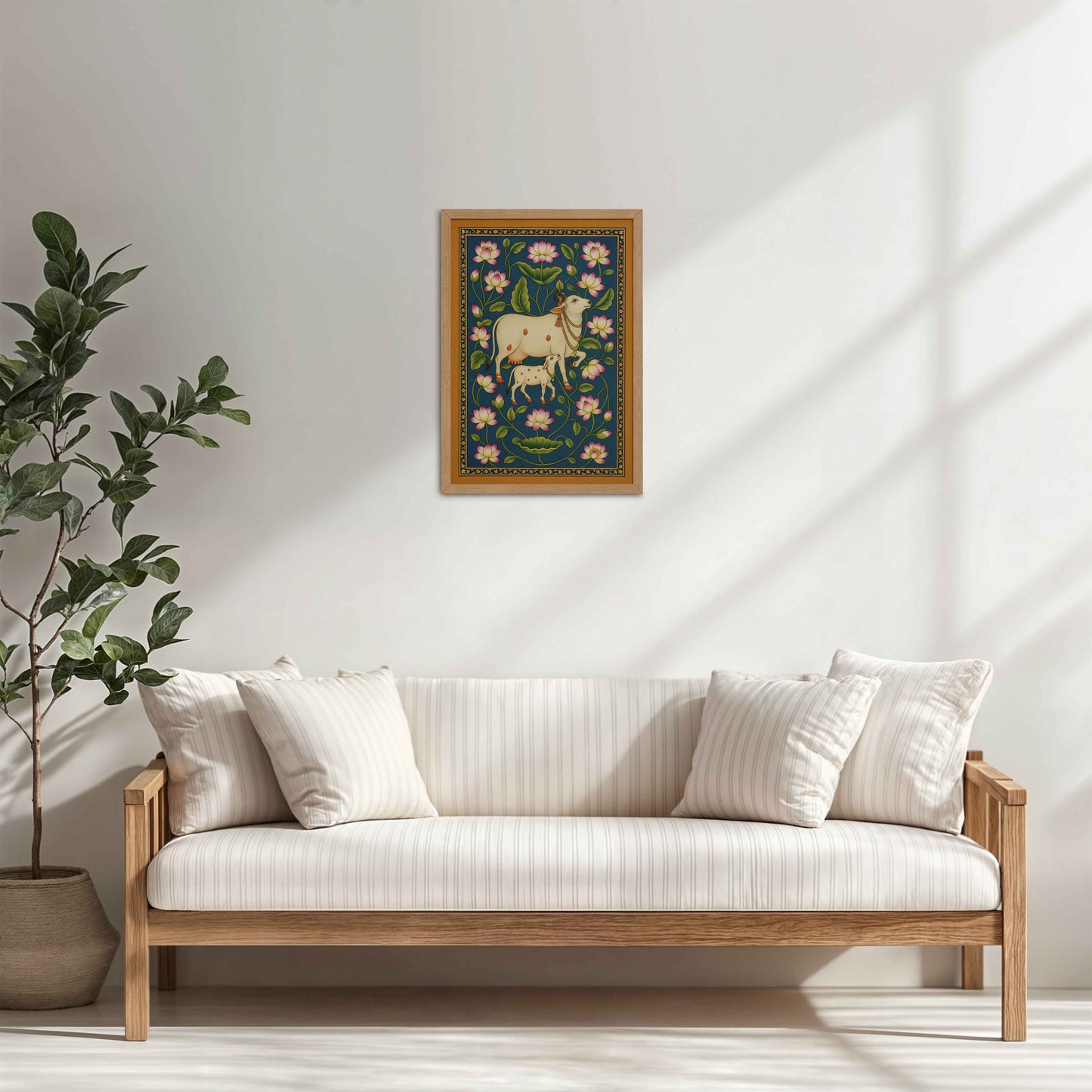 Living Room Cabinet Table Preview of Gokul Grace – Cow and Lotus Pichwai Art in Natrual Color Frame
