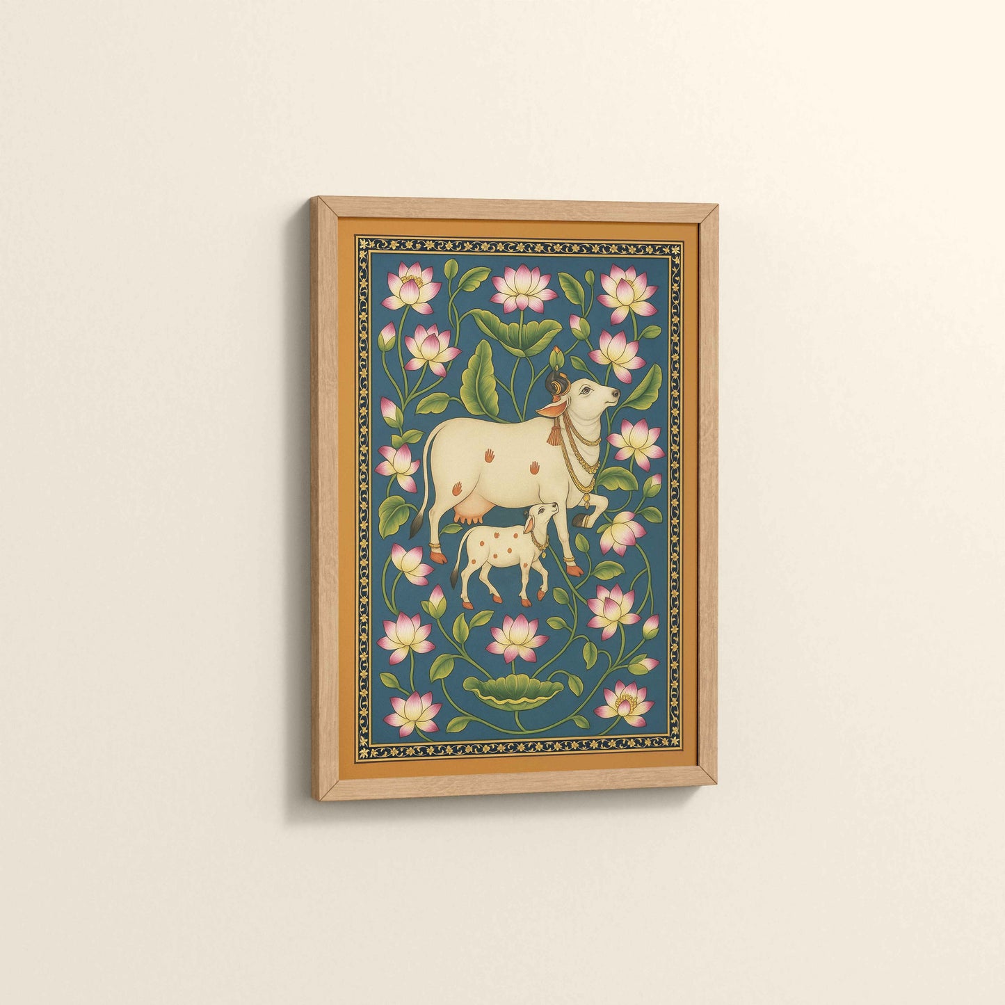 Side View of Gokul Grace – Cow and Lotus Pichwai Art in Natrual Color Frame