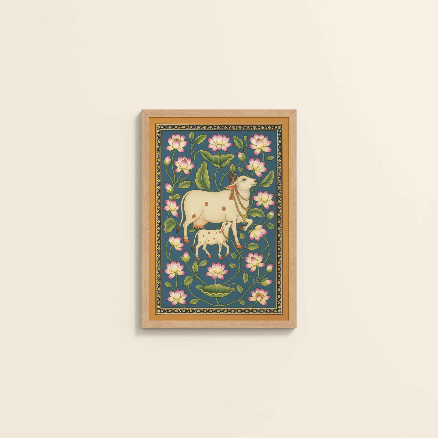 Wall View of Gokul Grace – Cow and Lotus Pichwai Art in Natrual Color Frame