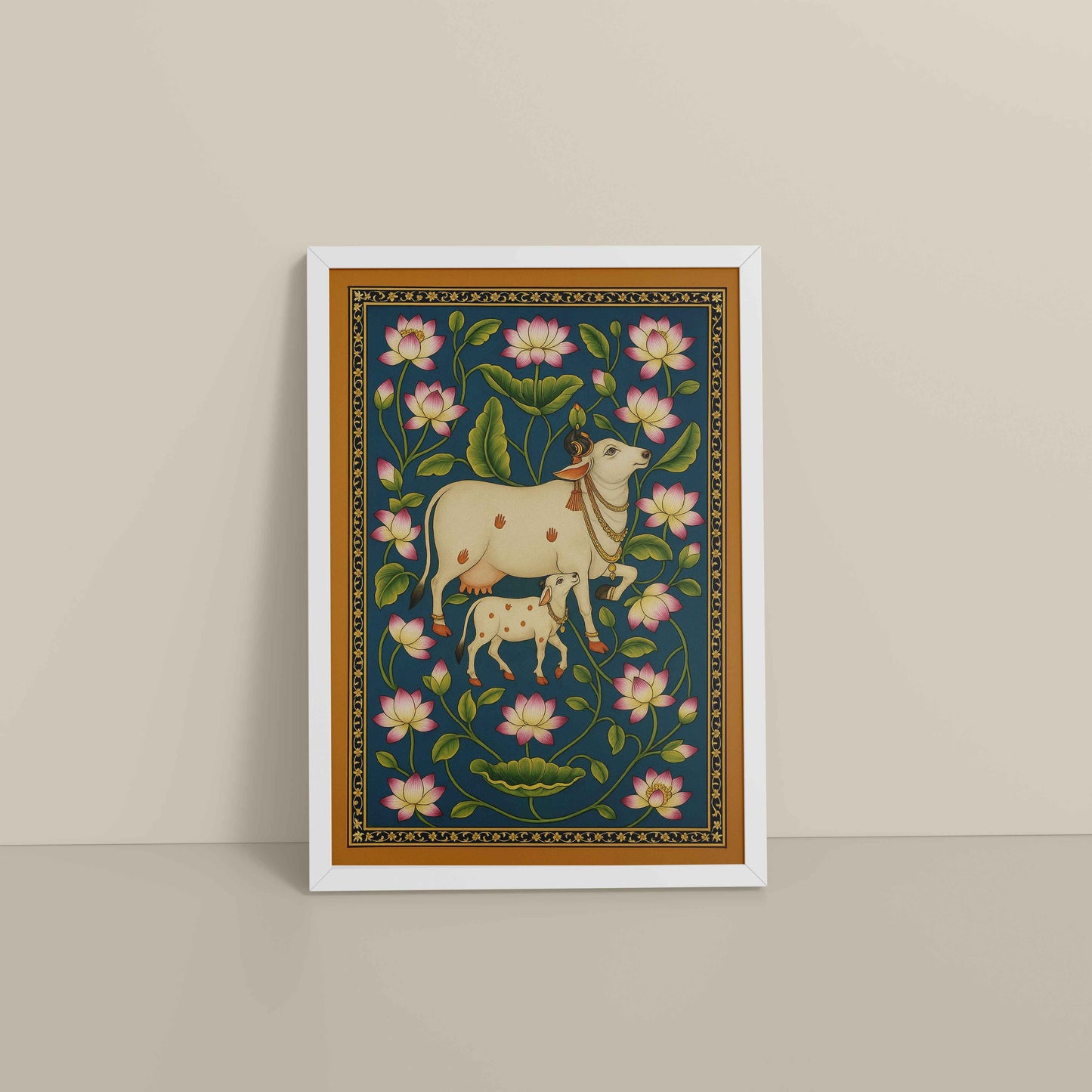 Floor View of Gokul Grace – Cow and Lotus Pichwai Art in White Color Frame