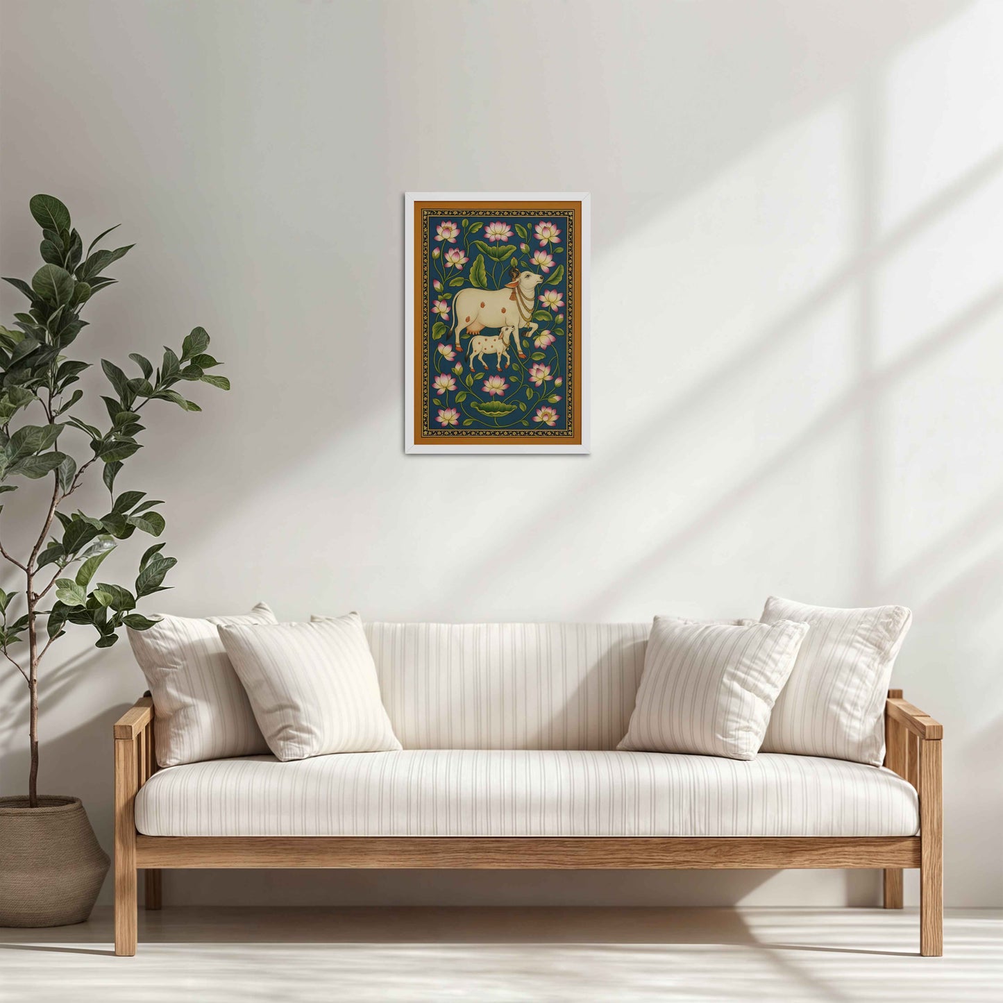 Living Room Cabinet Table Preview of Gokul Grace – Cow and Lotus Pichwai Art in White Color Frame