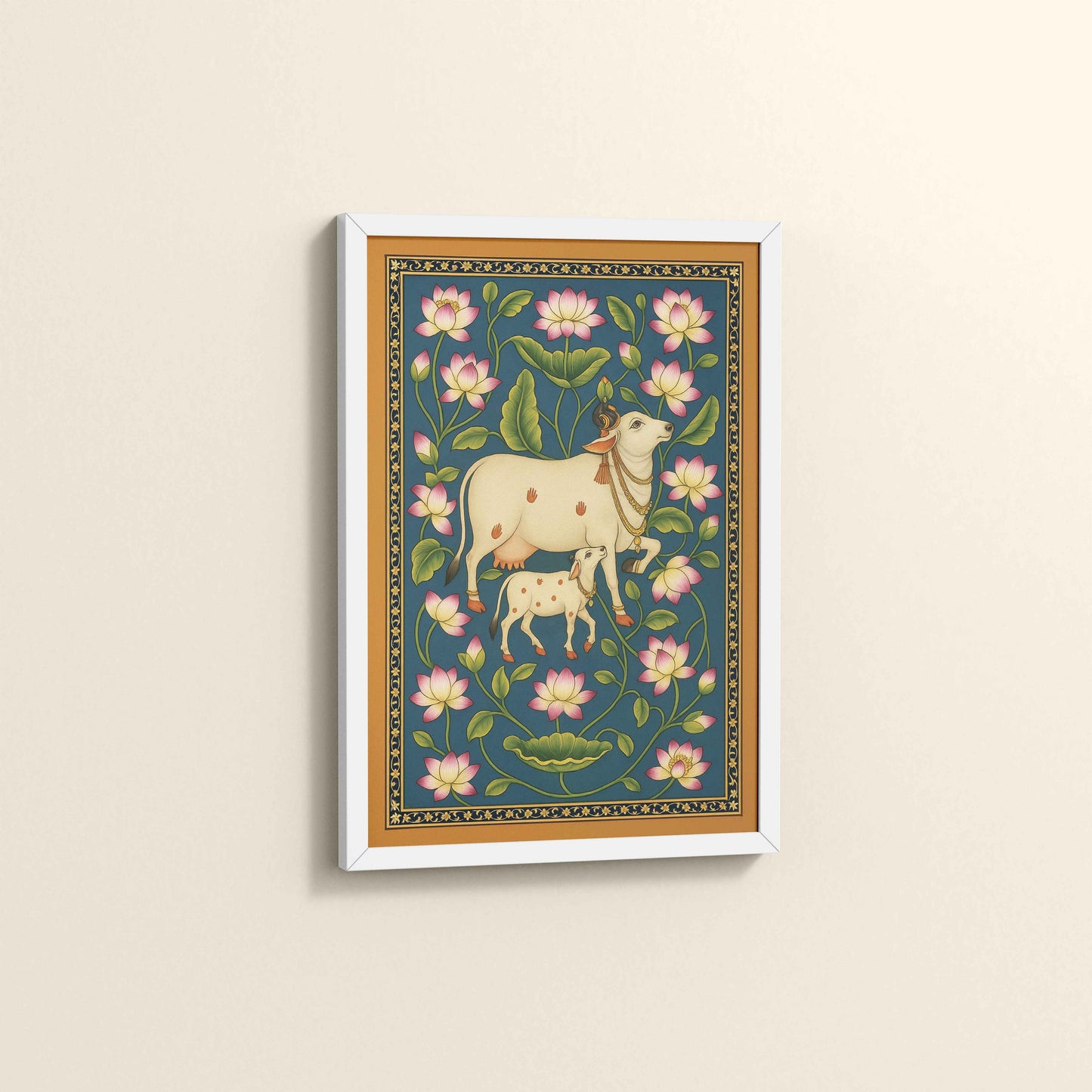 Side View of Gokul Grace – Cow and Lotus Pichwai Art in White Color Frame
