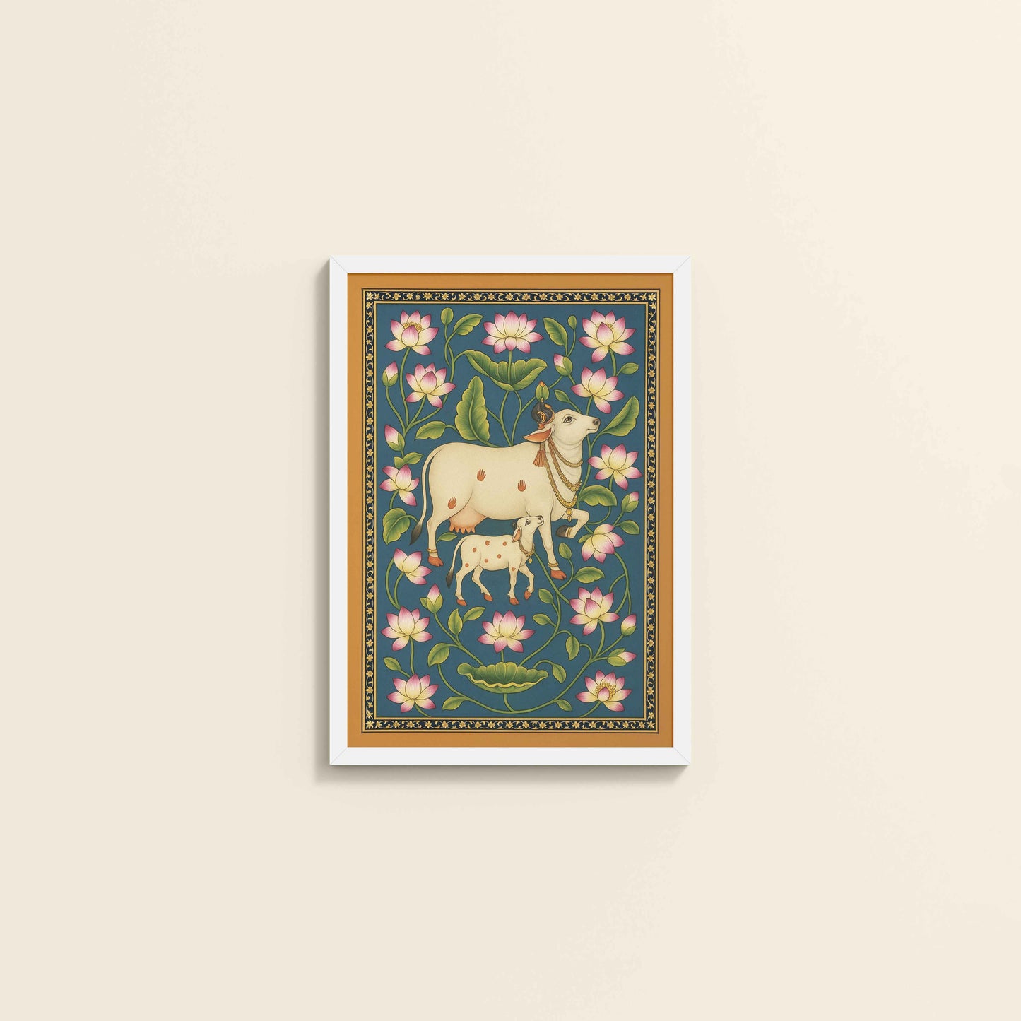 Wall View of Gokul Grace – Cow and Lotus Pichwai Art in White Color Frame