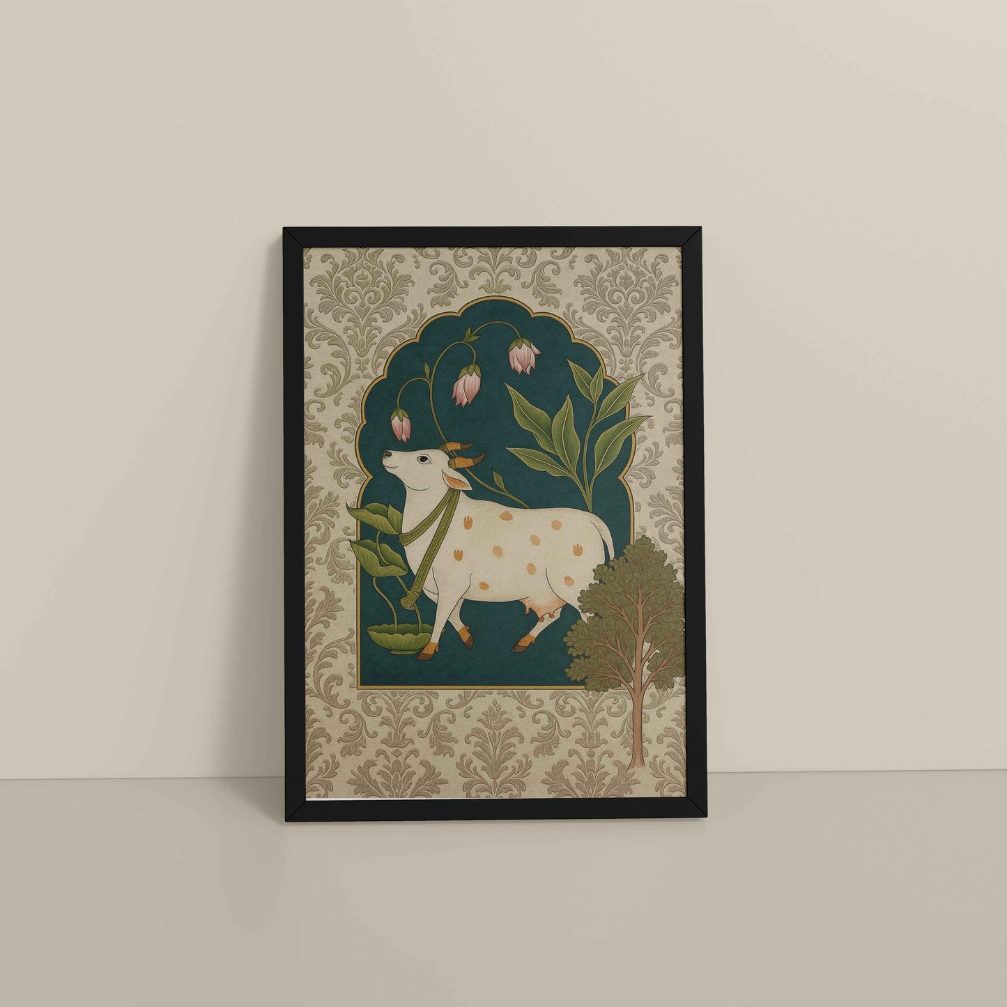 Floor View of Timeless Devotion – Holy Cow in Indian Pichhwai Art in Black Color Frame