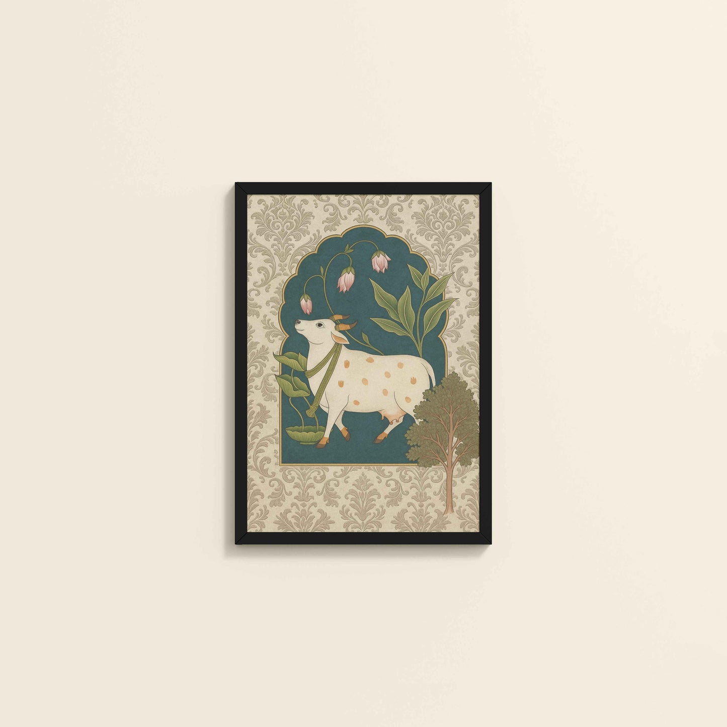 Wall View of Timeless Devotion – Holy Cow in Indian Pichhwai Art in Black Color Frame